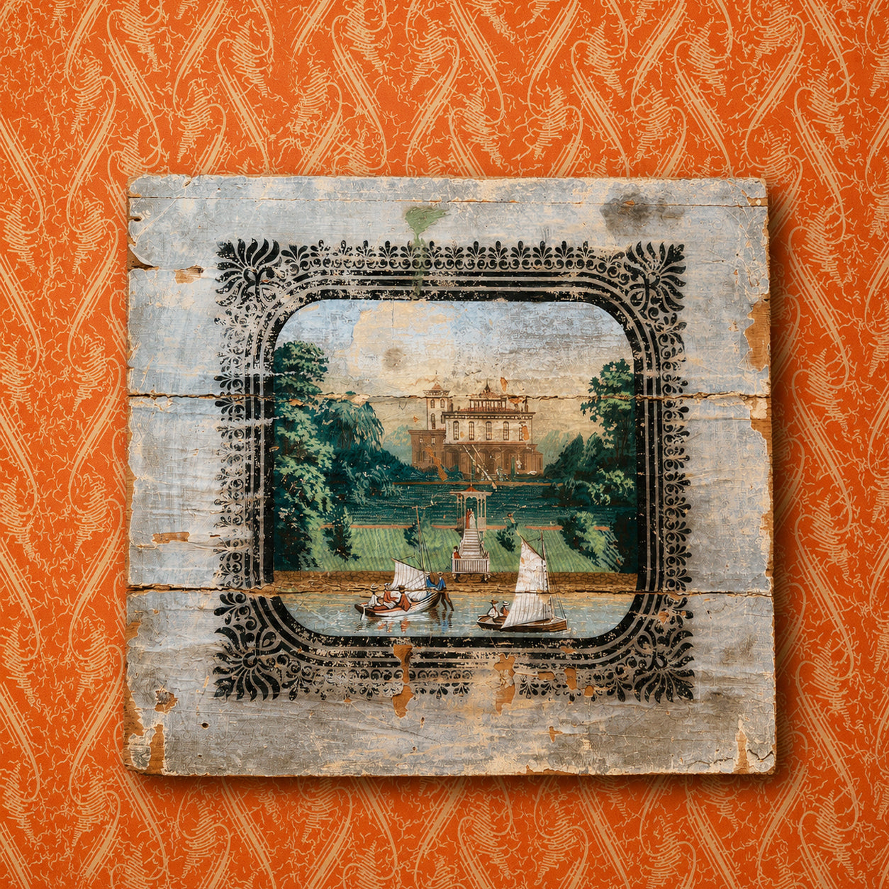 AMERICAN FEDERAL PERIOD FIRE SCREEN WITH EARLY SCENIC WALLPAPER PANEL
