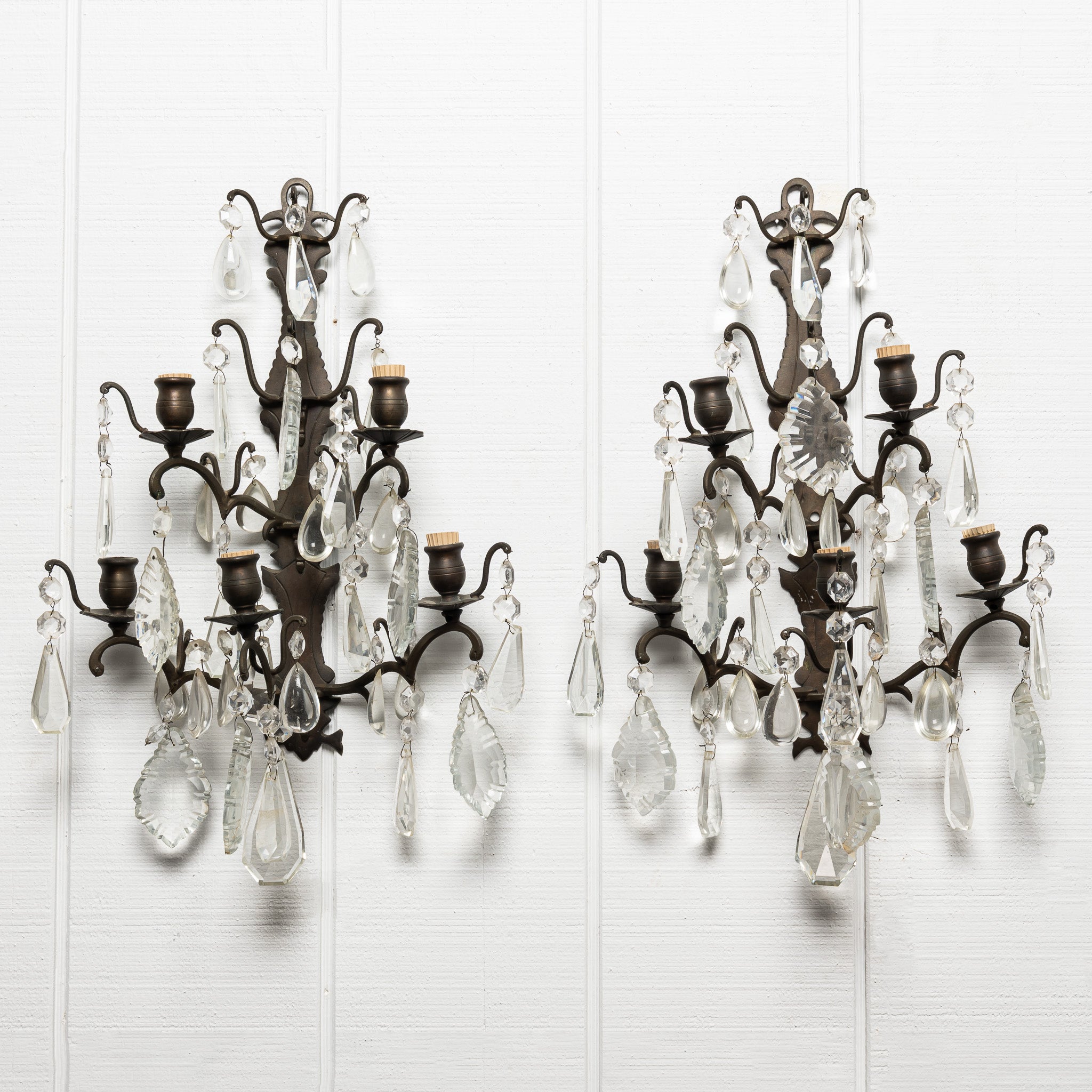 PAIR OF ITALIAN CRYSTAL AND PATINATED METAL FOUR LIGHT WALL SCONCES