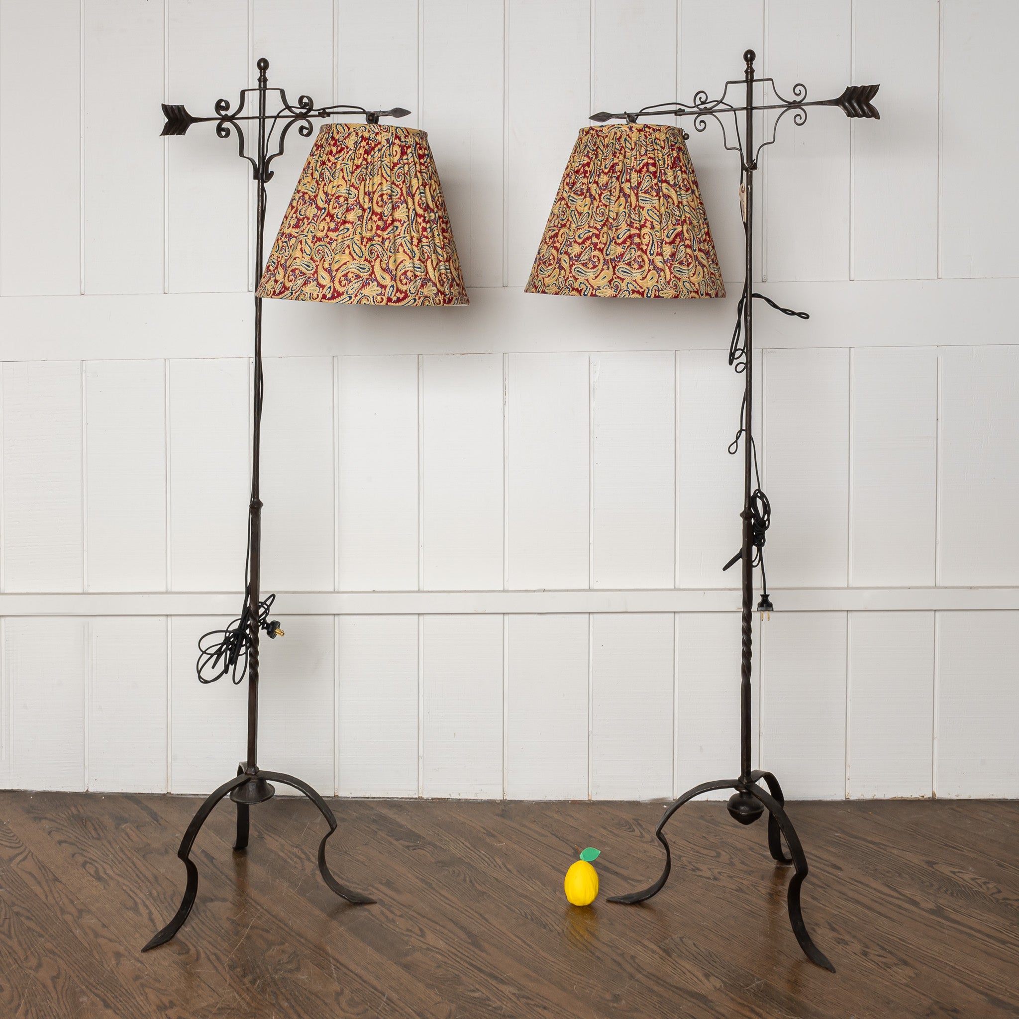 PAIR OF MID-CENTURY WROUGHT IRON FRENCH FLOOR LAMPS WITH RUSSIAN ROLLER PRINT FABRIC SHADES