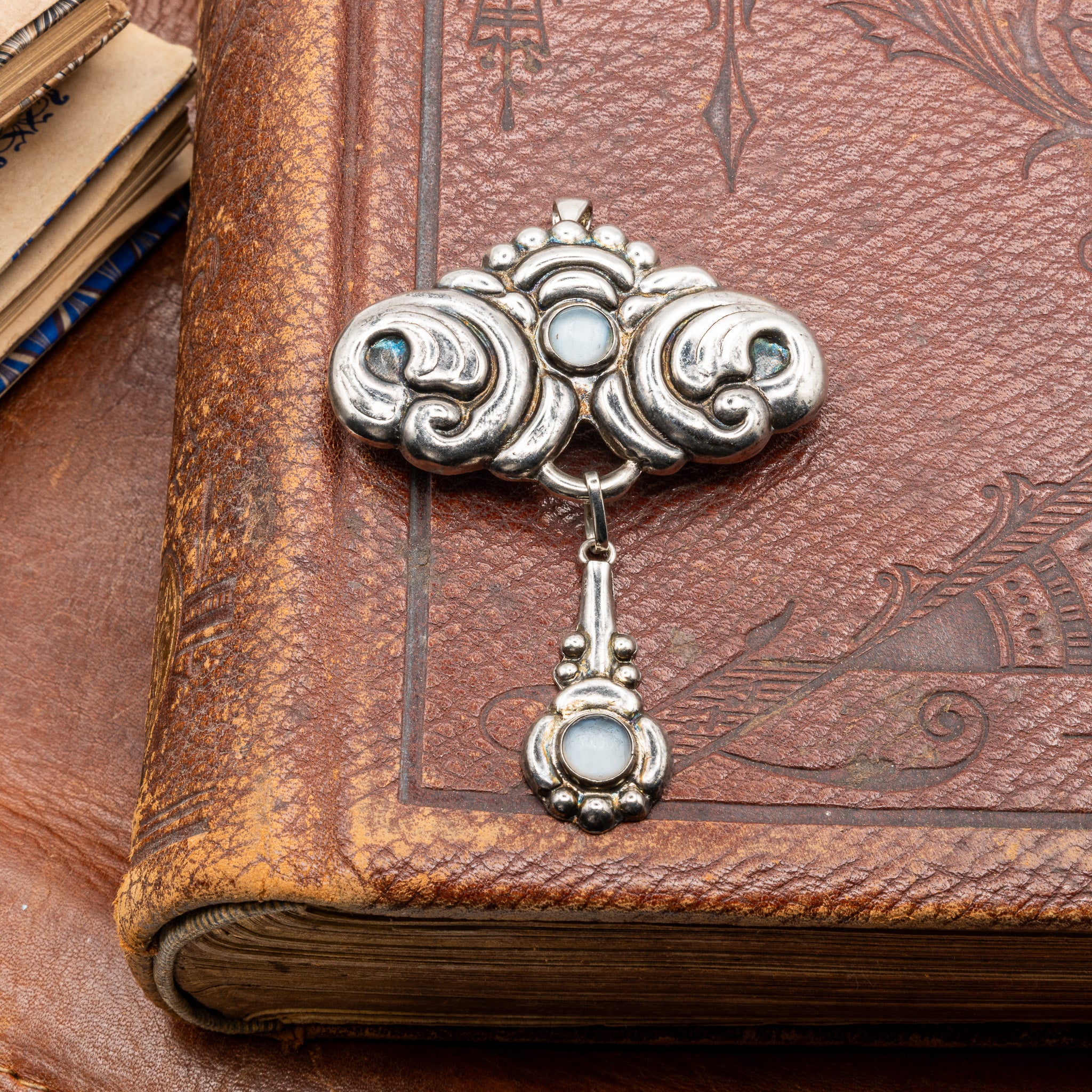 VIENNESE SECESSIONIST SILVER AND MOONSTONE BROOCH