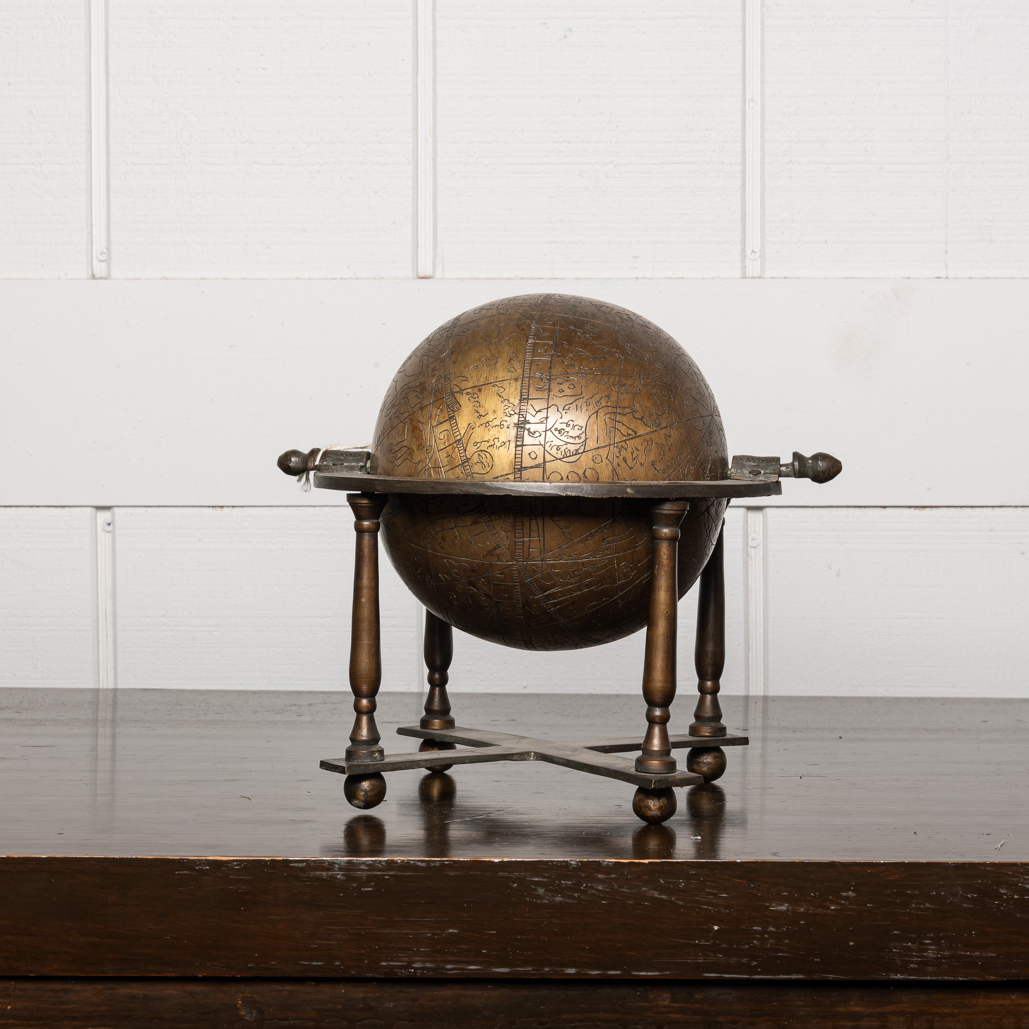 VINTAGE MIDDLE EASTERN STYLE BRASS CELESTIAL GLOBE ON STAND