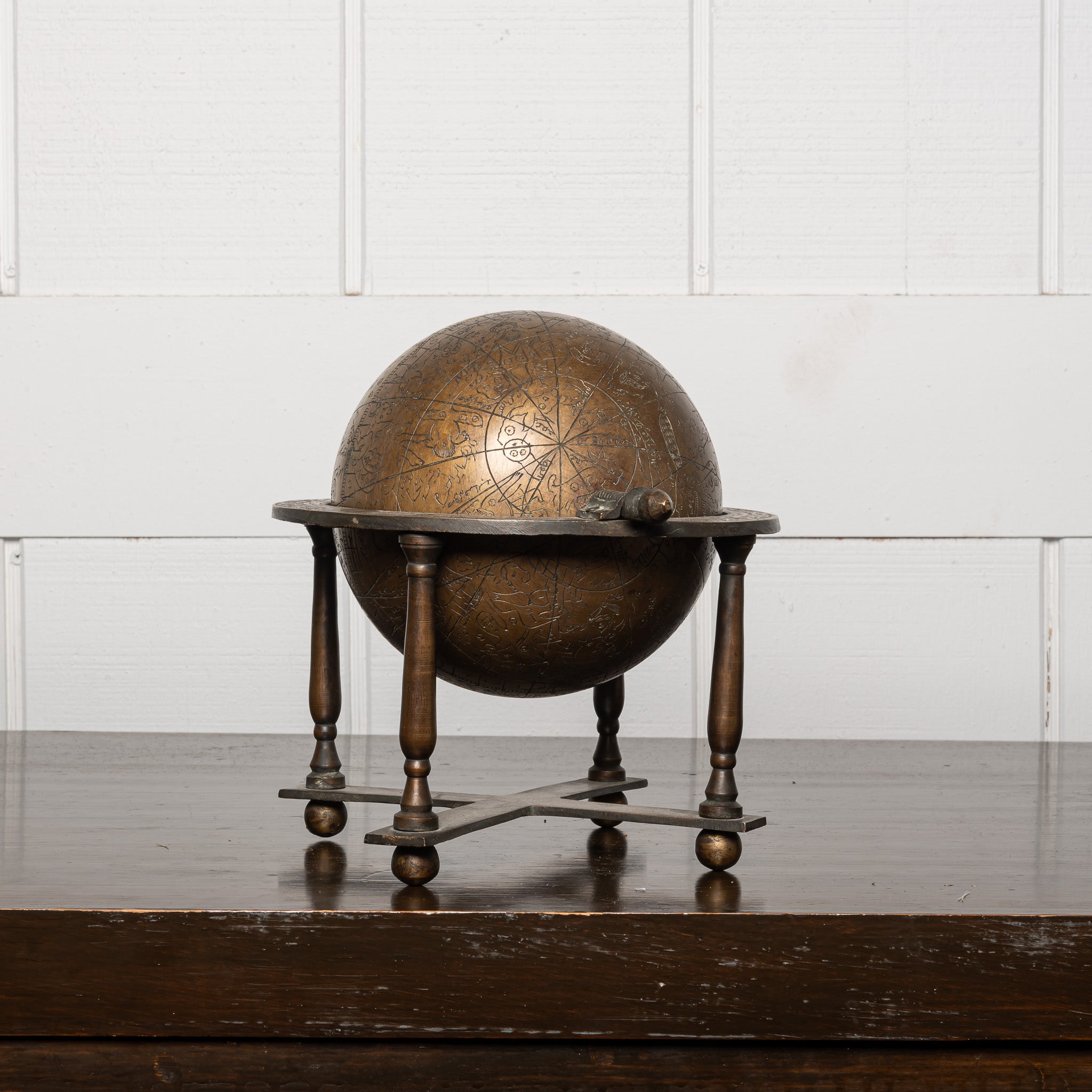 VINTAGE MIDDLE EASTERN STYLE BRASS CELESTIAL GLOBE ON STAND