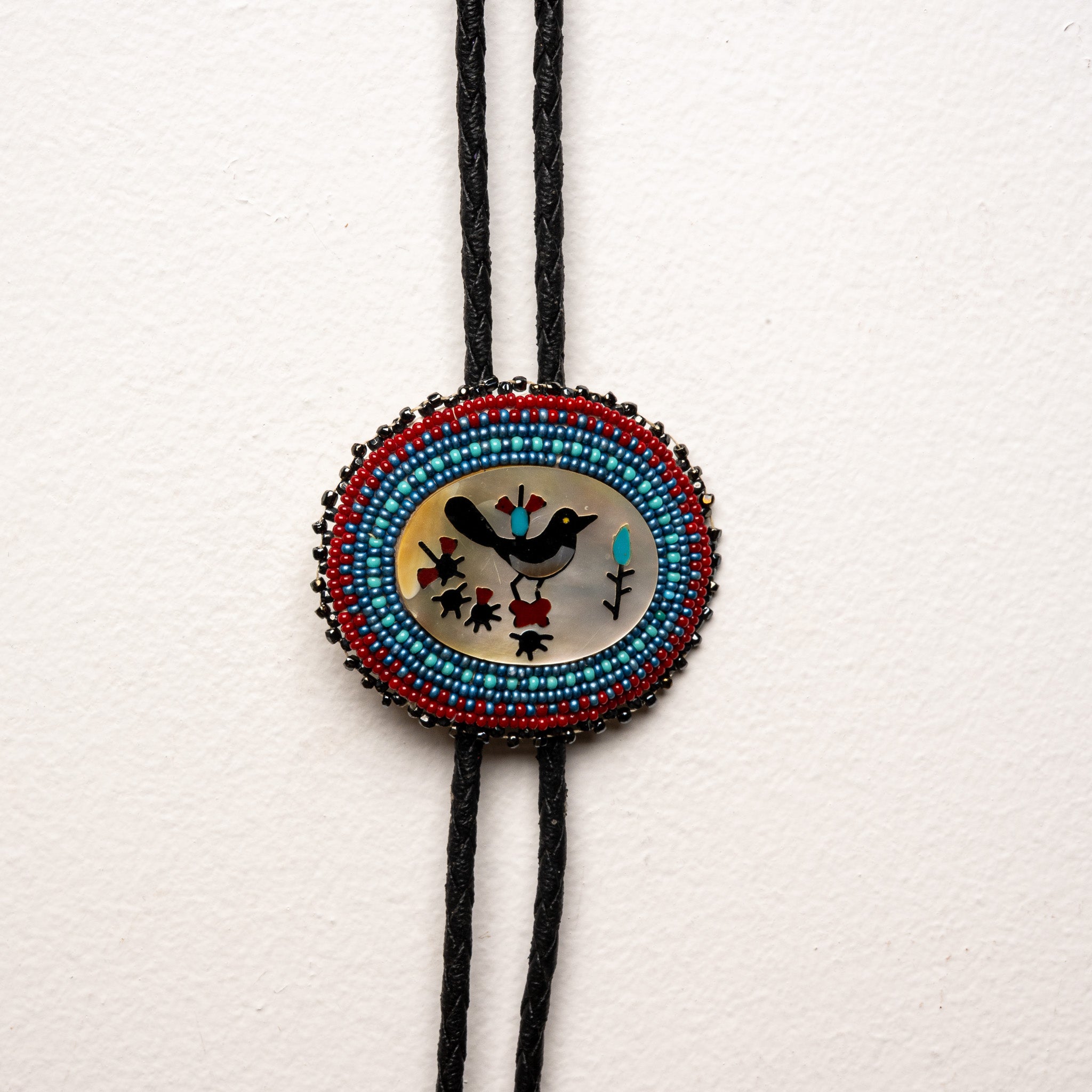 VINTAGE ZUNI MOTHER OF PEARL MULTI STONE INLAY BOLO TIE