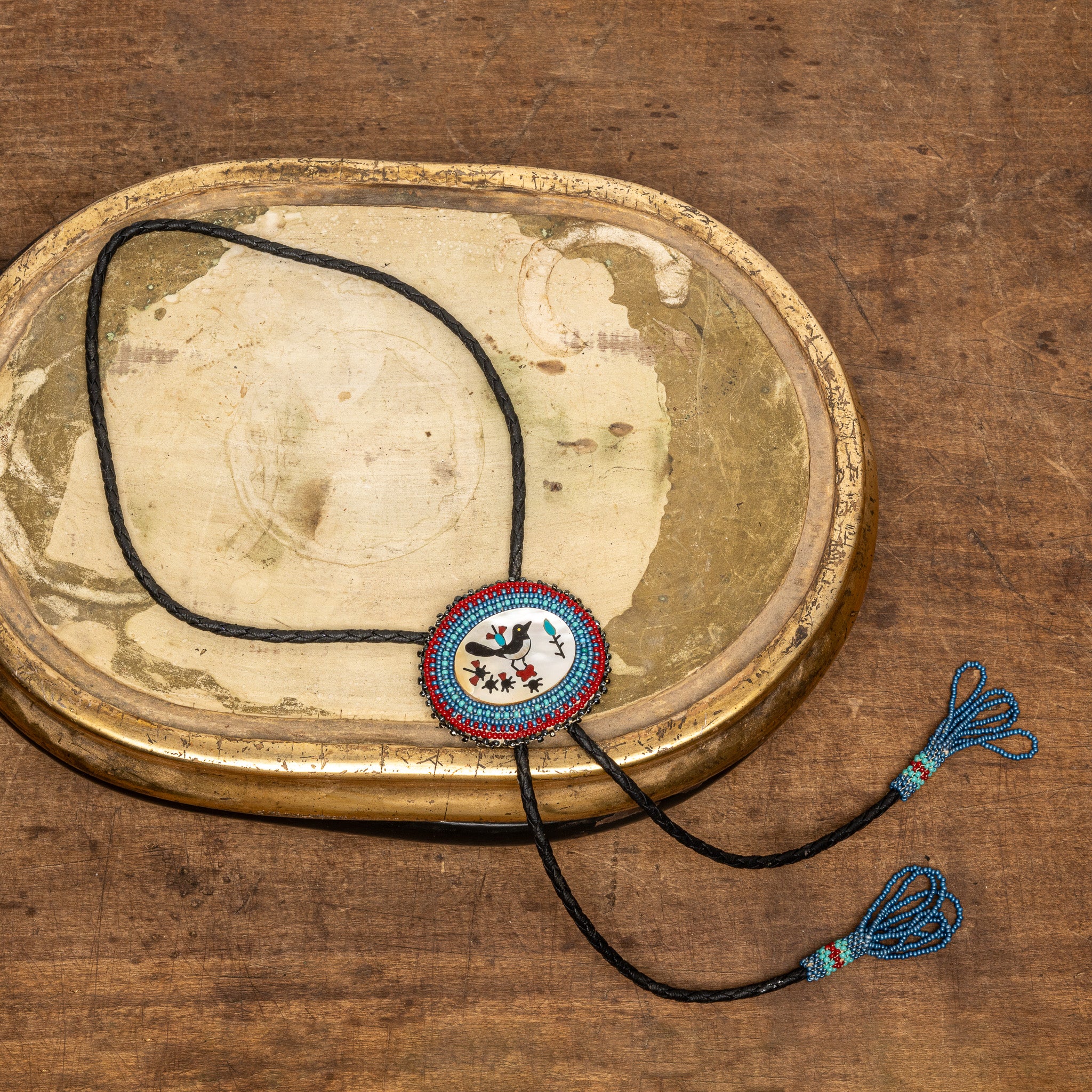 VINTAGE ZUNI MOTHER OF PEARL MULTI STONE INLAY BOLO TIE