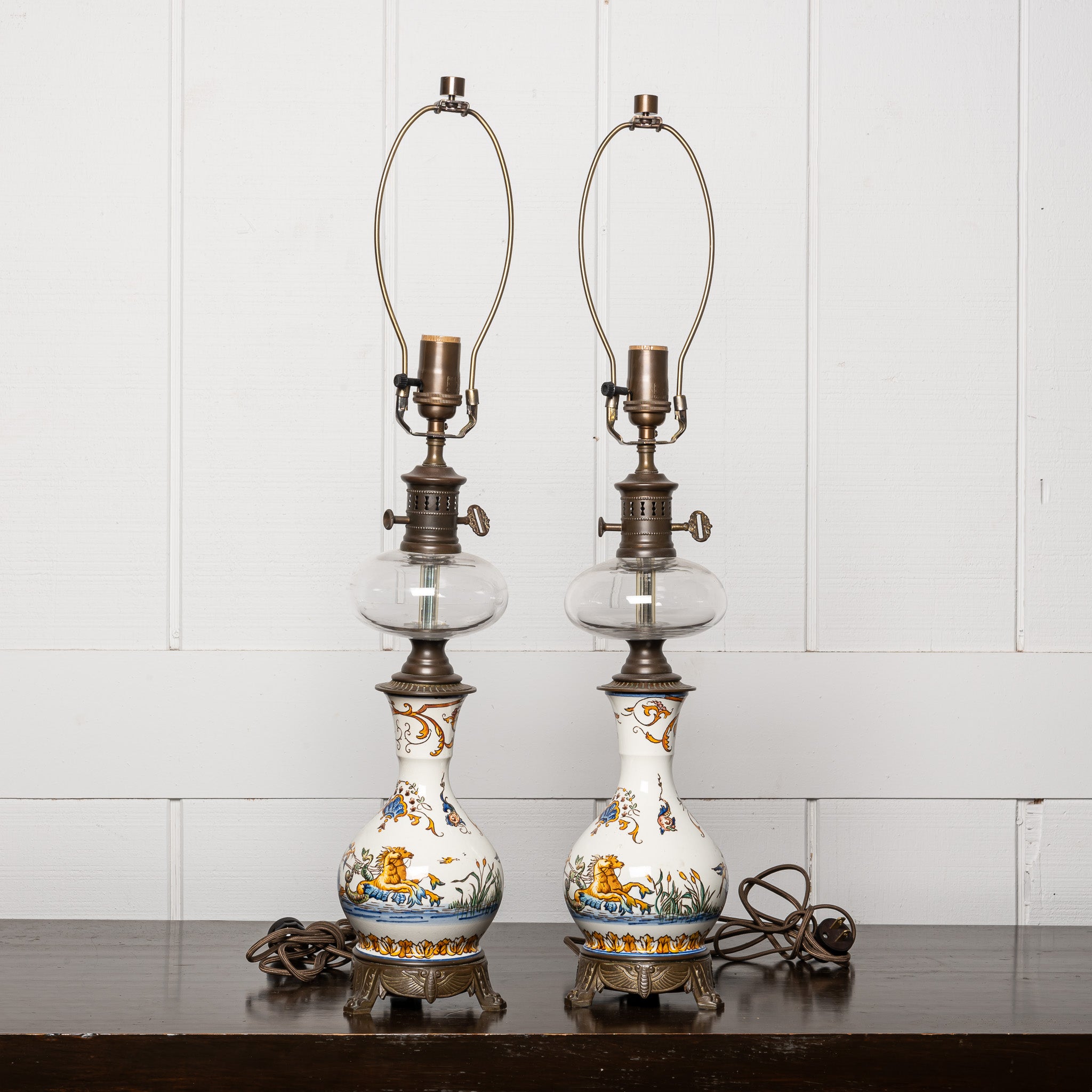 PAIR OF 19TH-CENTURY FRENCH FAIENCE ELECTRIFIED OIL LAMPS