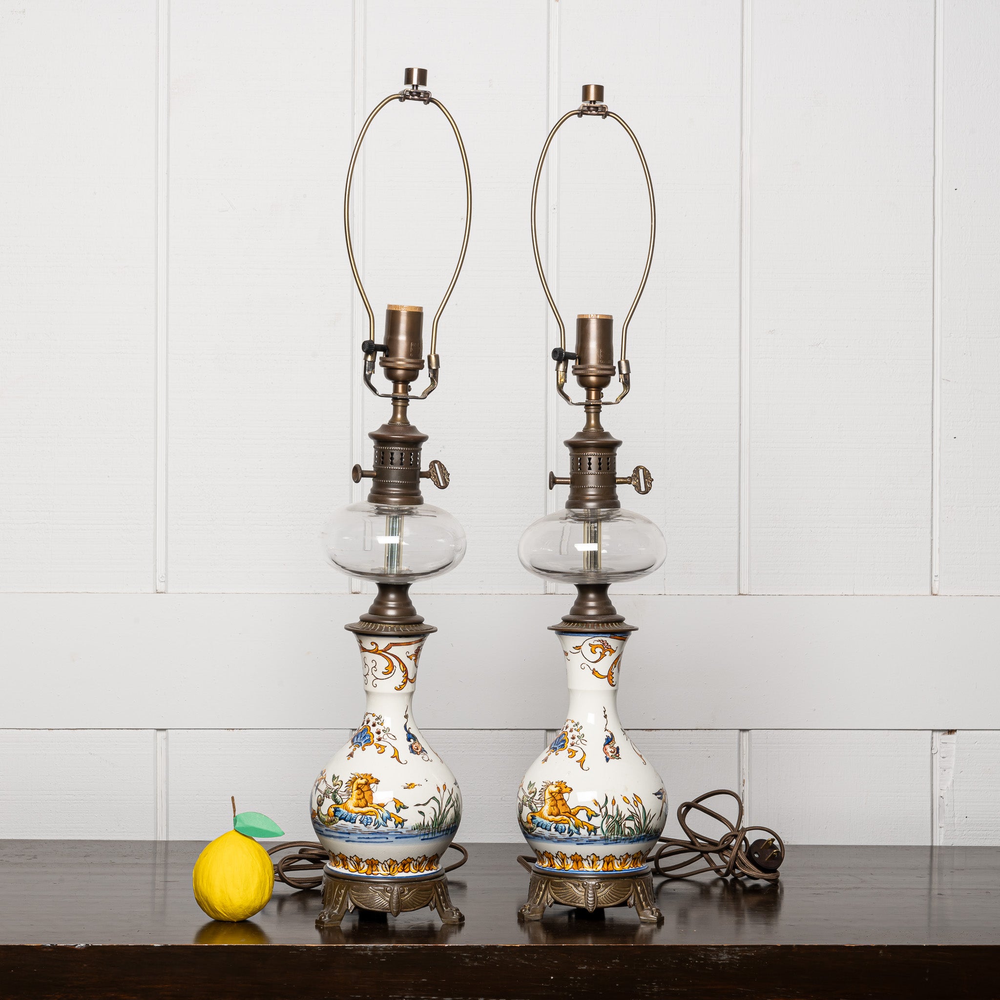 PAIR OF 19TH-CENTURY FRENCH FAIENCE ELECTRIFIED OIL LAMPS