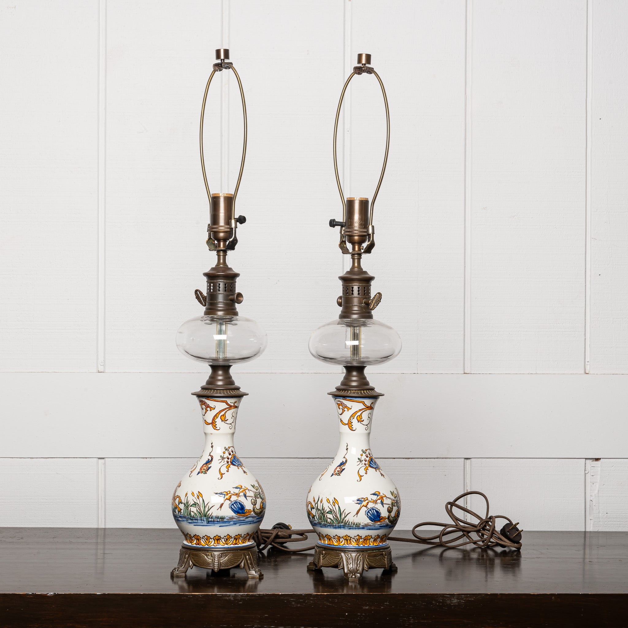 PAIR OF 19TH-CENTURY FRENCH FAIENCE ELECTRIFIED OIL LAMPS