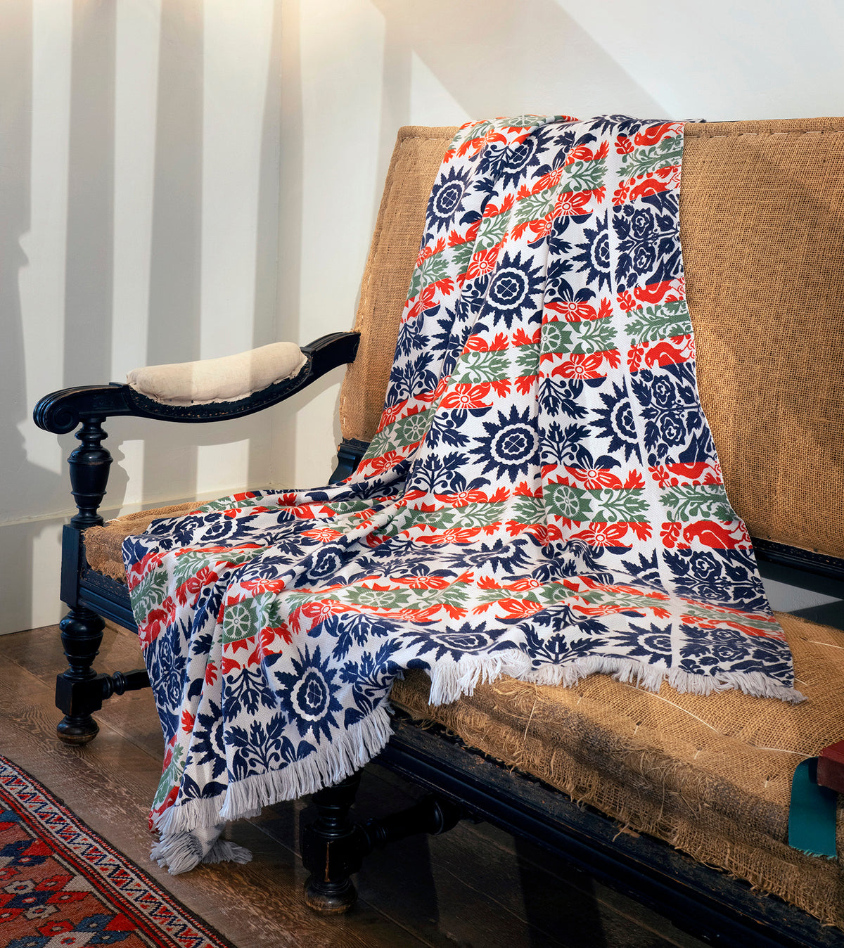 "COLONIAL FLORAL COVERLET" BLOCK PRINT WOVEN CASHMERE BLANKET [2 Colors]