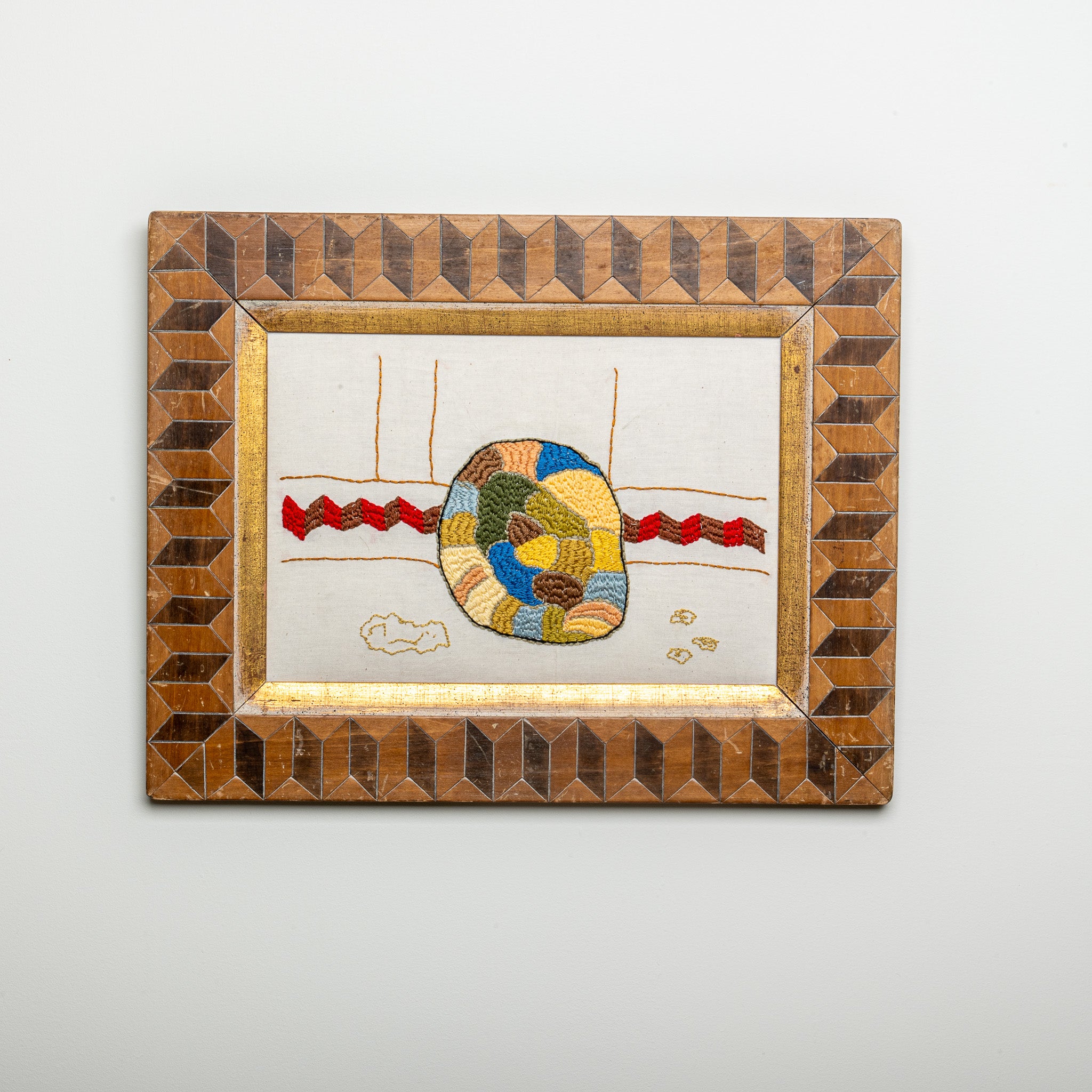 "MONGIARDINO" FRAMED EMBROIDERY (2025) BY SEAN McNANNEY