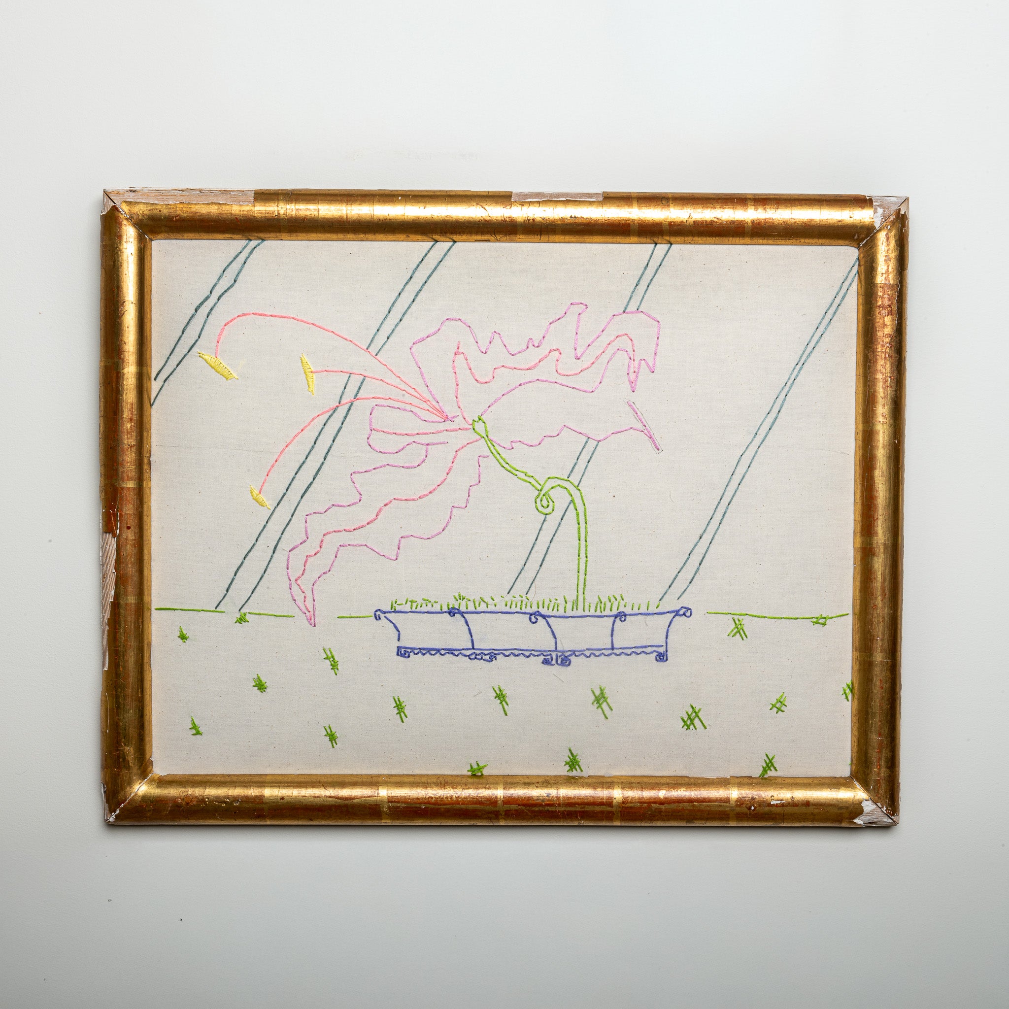 "DAGOBART" FRAMED EMBROIDERY (2025) BY SEAN McNANNEY