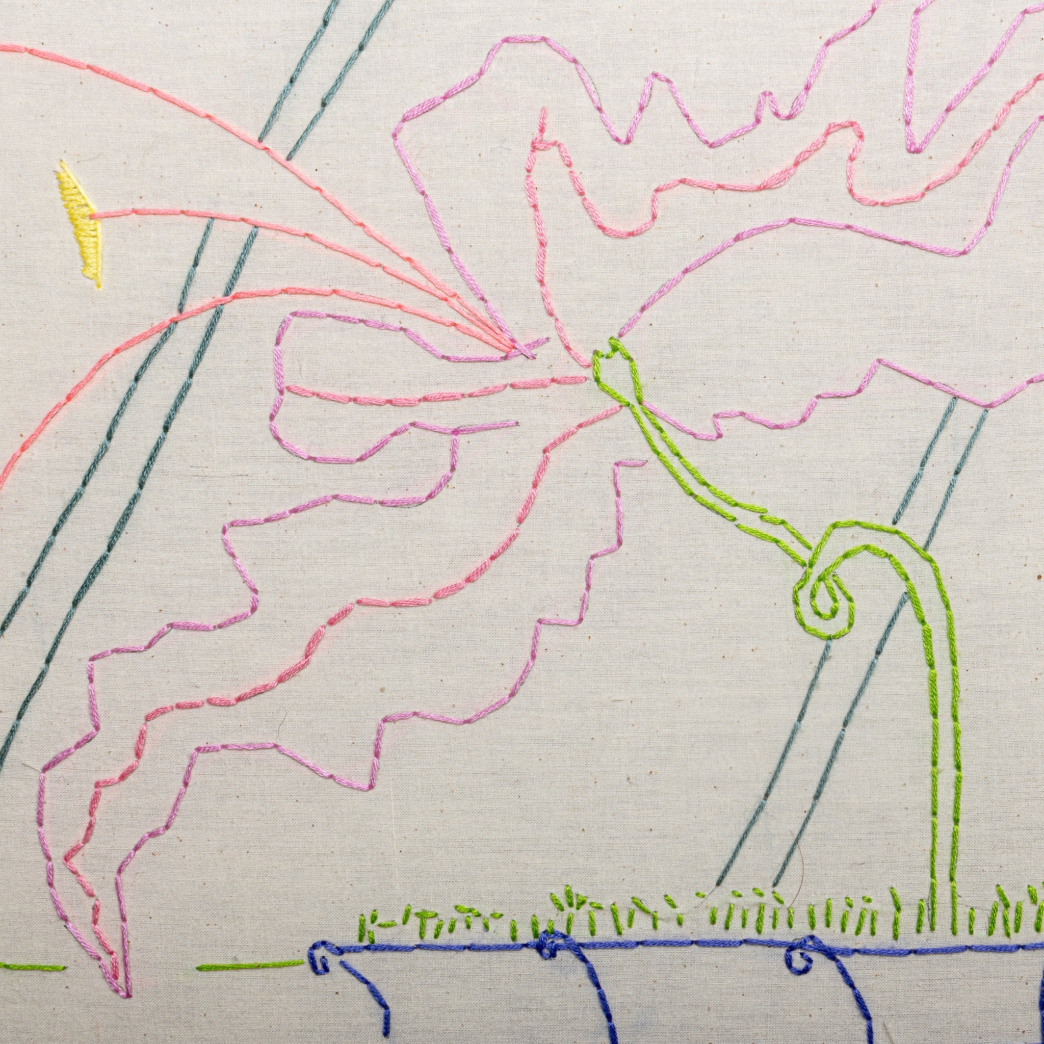 "DAGOBART" FRAMED EMBROIDERY (2025) BY SEAN McNANNEY