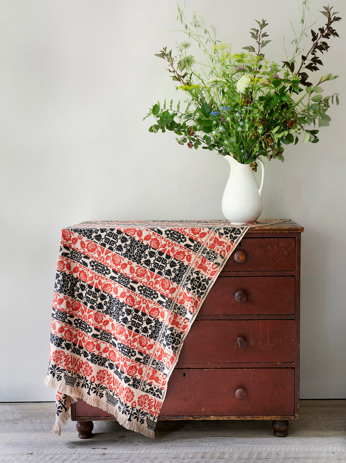 "COLONIAL FLORAL COVERLET" BLOCK PRINT WOVEN CASHMERE BLANKET [2 Colors]