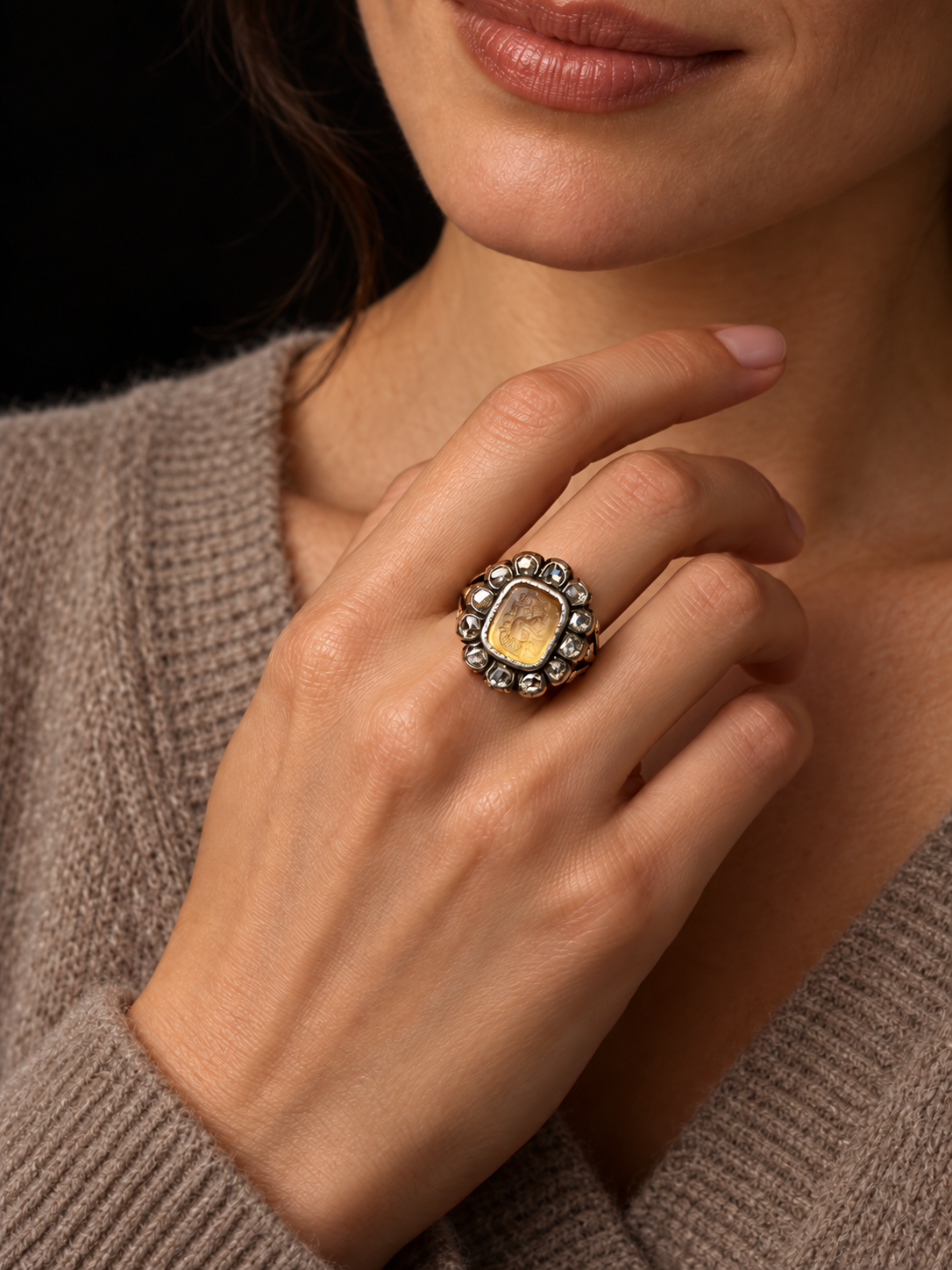 ILLUSTRATIVE MODEL STYLING WITH GEORGIAN ENGLISH CITRINE INTAGLIO AND DIAMOND RING AND CASHMERE