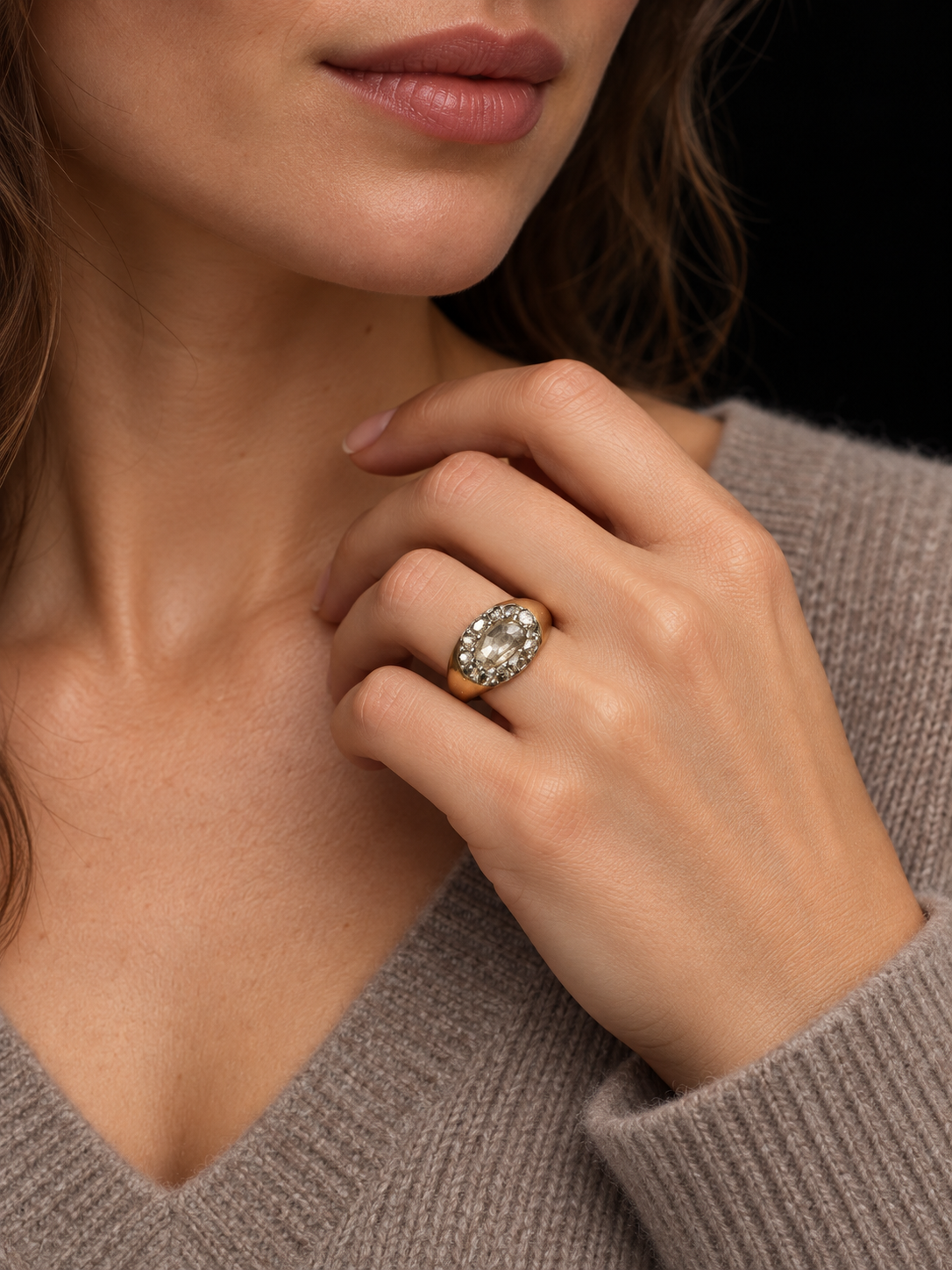 ILLUSTRATIVE MODEL STYLING WITH 18TH CENTURY GEORGIAN DIAMOND CLUSTER RING AND CASHMERE