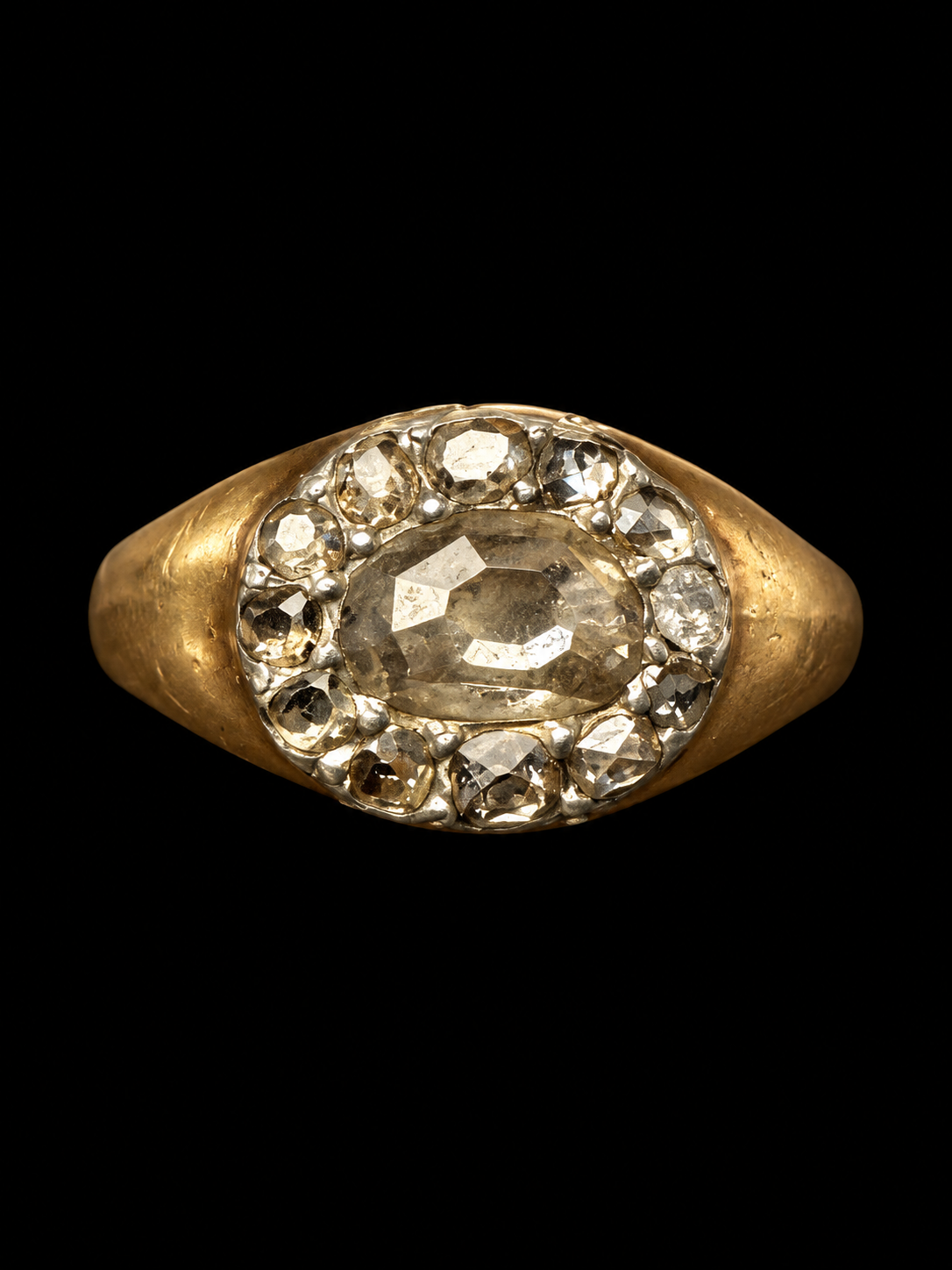 18TH CENTURY GEORGIAN DIAMOND CLUSTER RING ON BLACK BACKGROUND