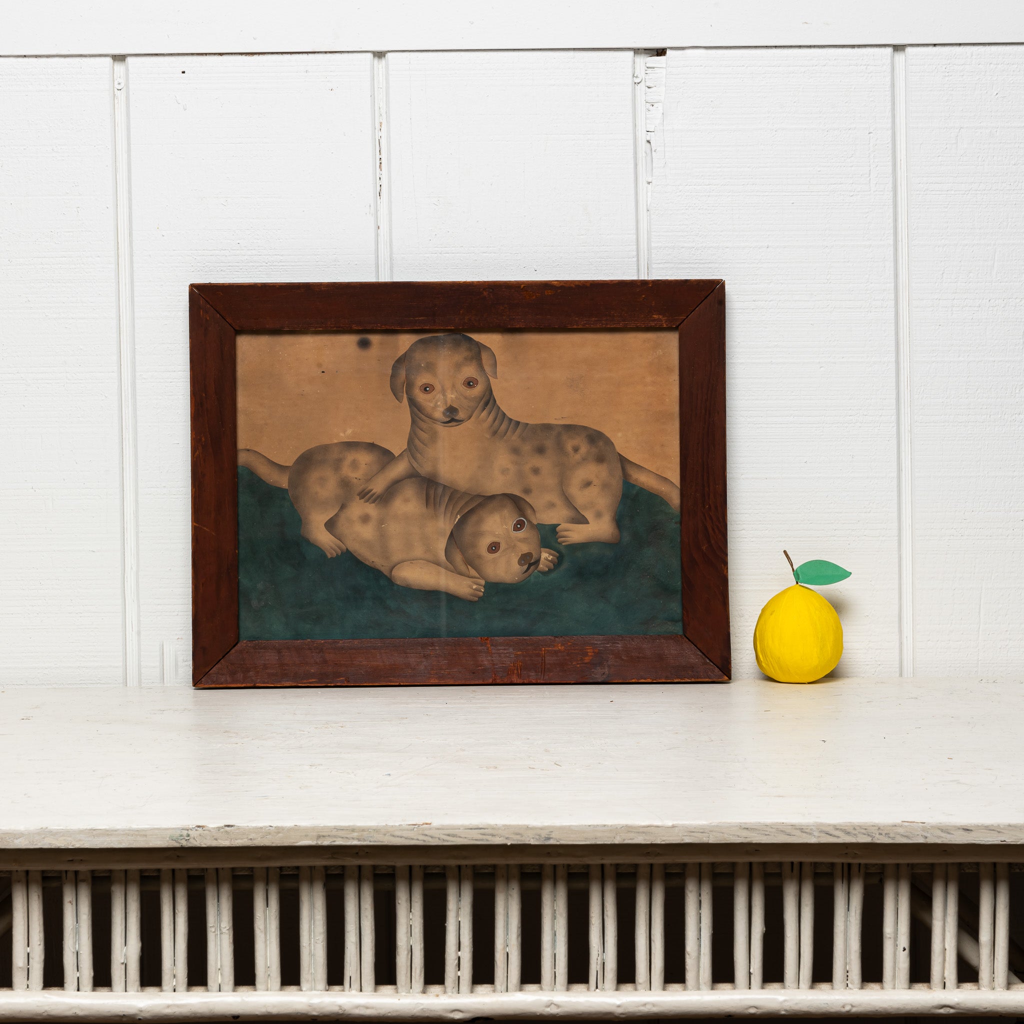19th century American folk art watercolor painting of puppies in orignal periord frame