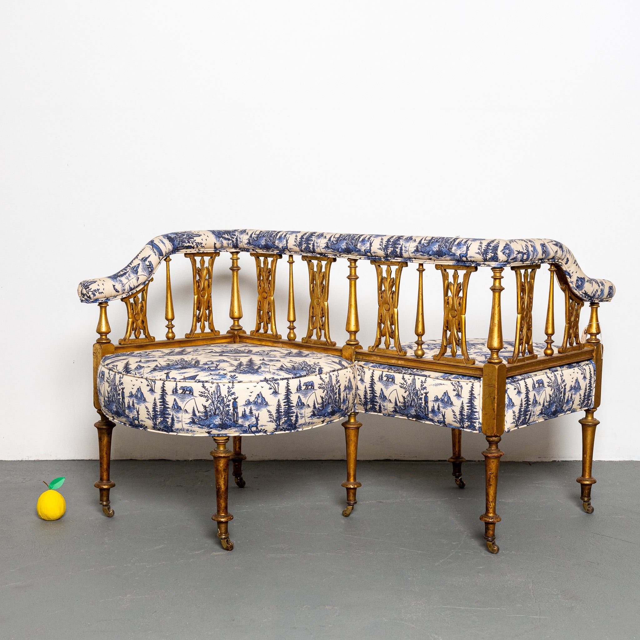 19th century American tete a tete newly upholsted in LIT Mountian Man Toile fabric