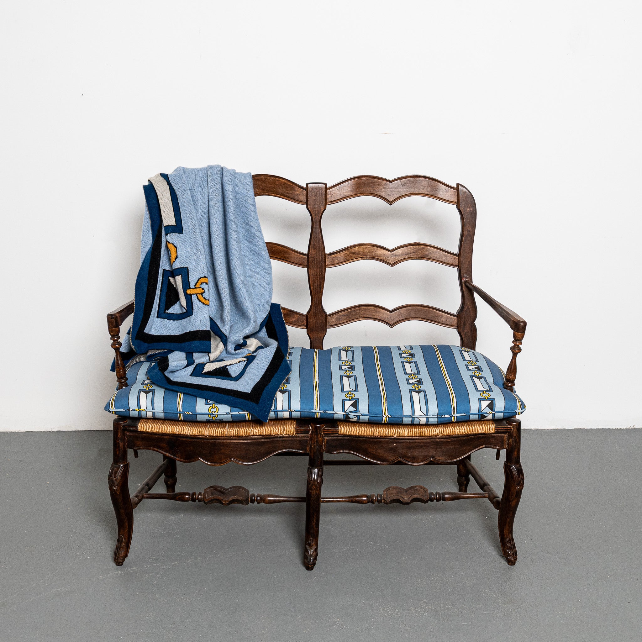 Early 20th century French provincial bench, rush seat with new DNR x Saved Robes and Stripes fabric