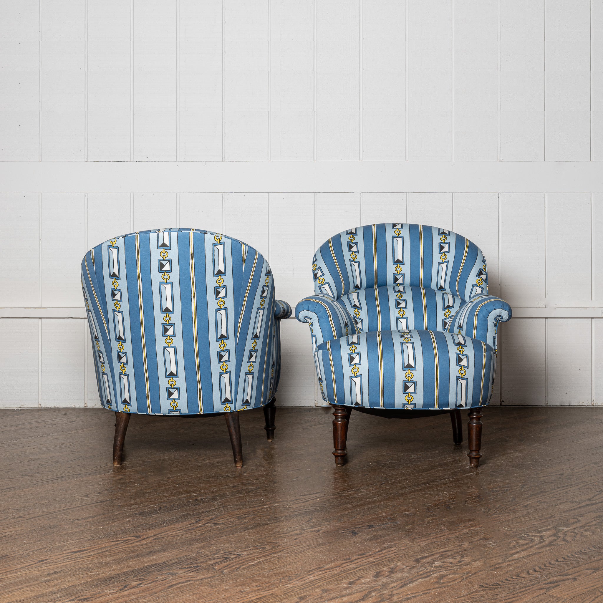 Pair of 19th century French bergerges newly upholstered in DNR x Saved Ropes and Stripes fabric