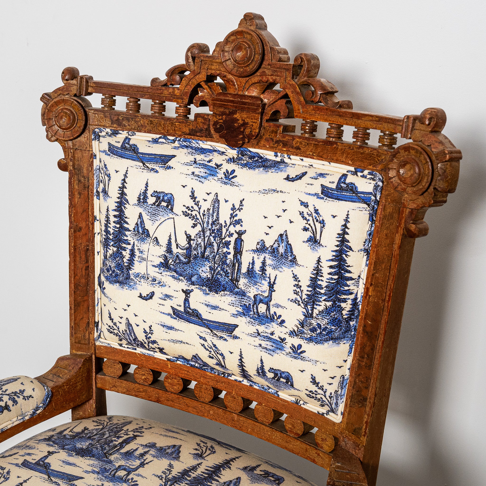 19th century American Eastlake arm chair newly upholsted in LTI Mountian Man fabric