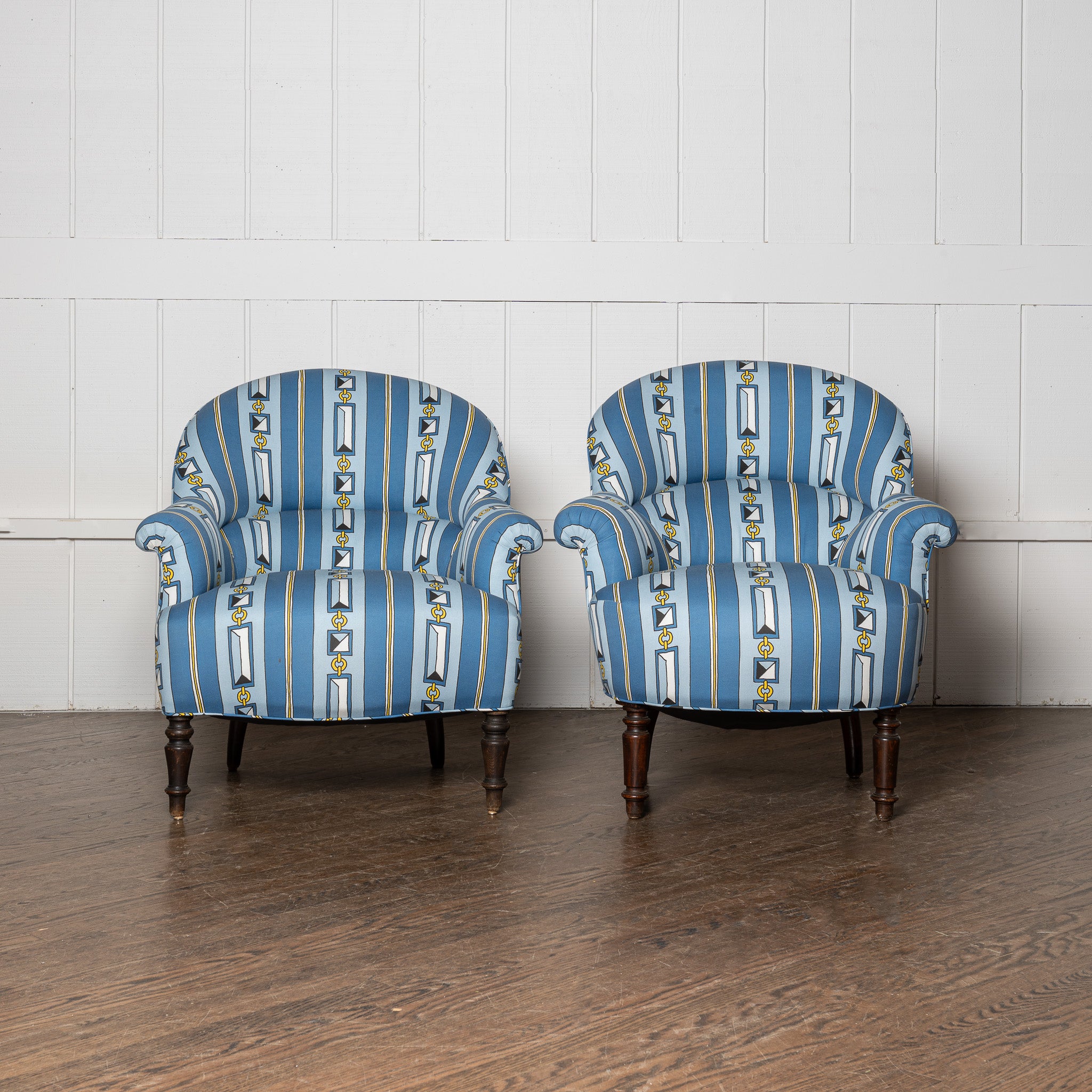 Pair of 19th century French bergerges newly upholstered in DNR x Saved Ropes and Stripes fabric