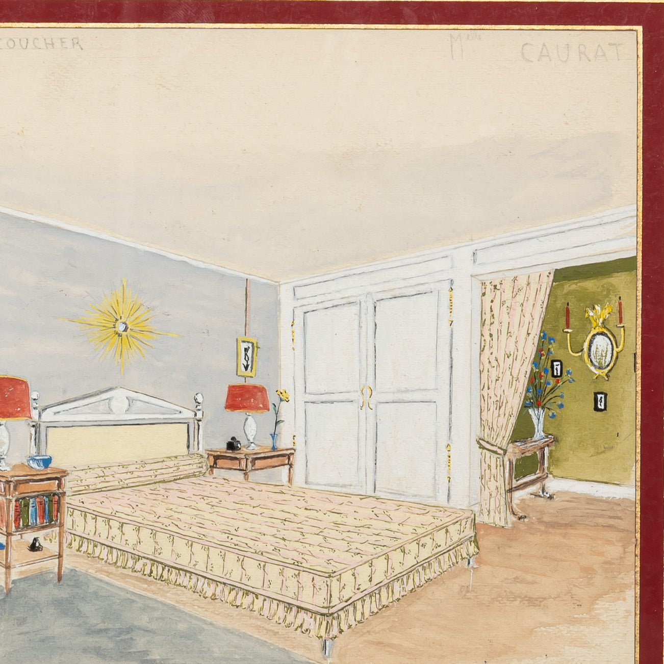 French Art Deco guashe painting of an interior