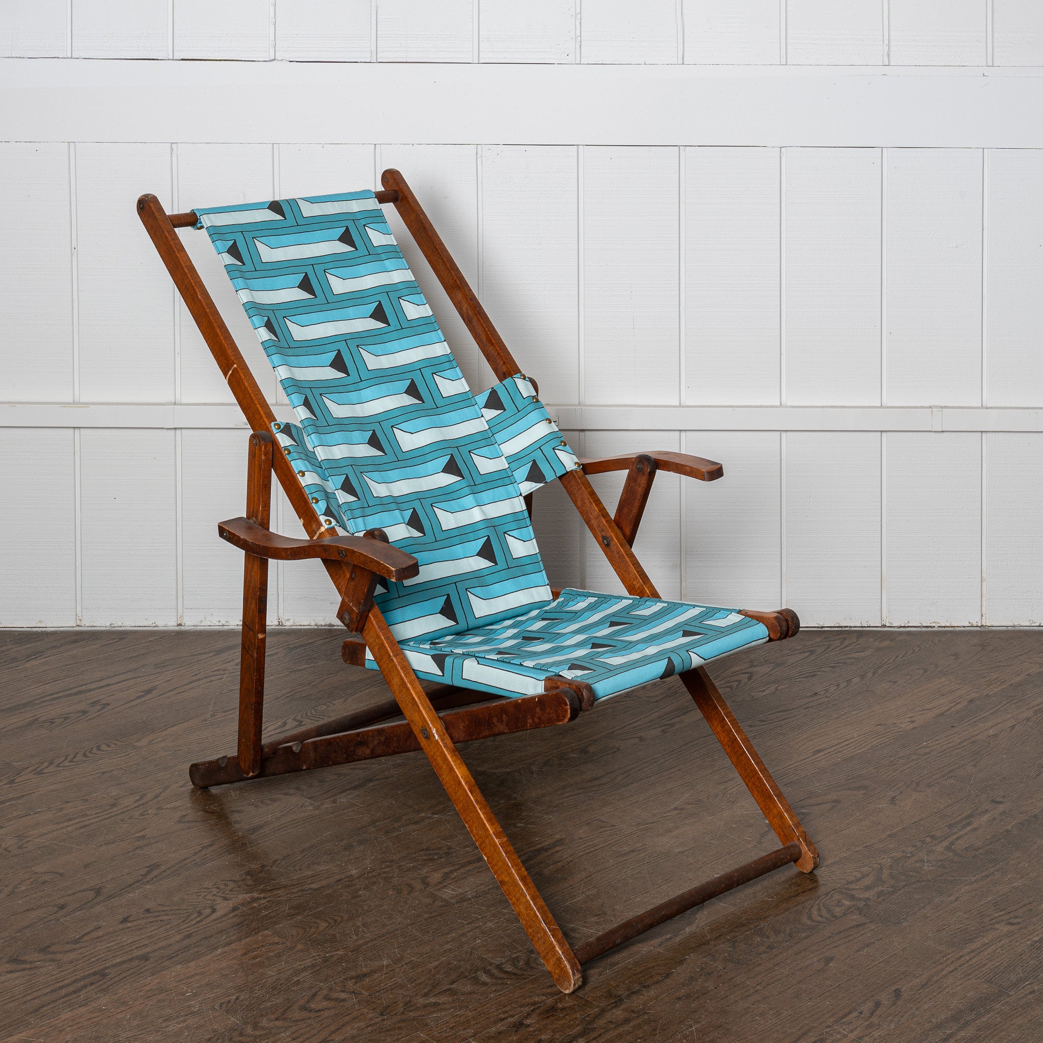 19th centruy deck chair retailed by Barney's New York, newly upholstered in DNR x Saved Bricks fabric