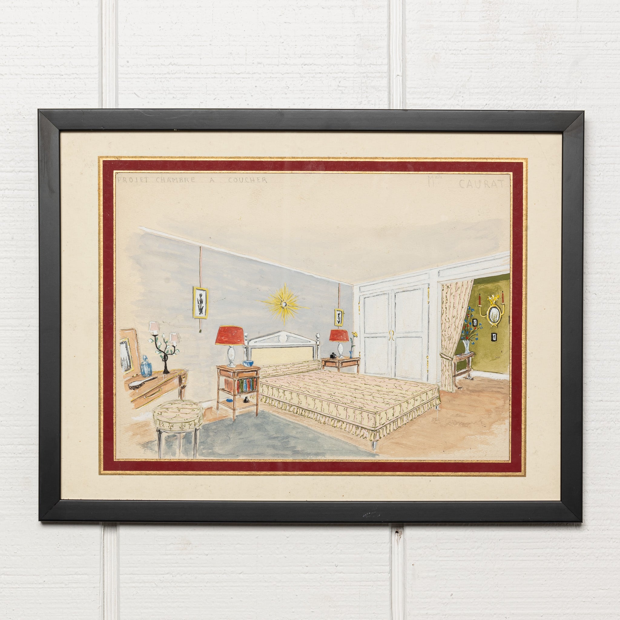 French Art Deco guashe painting of an interior