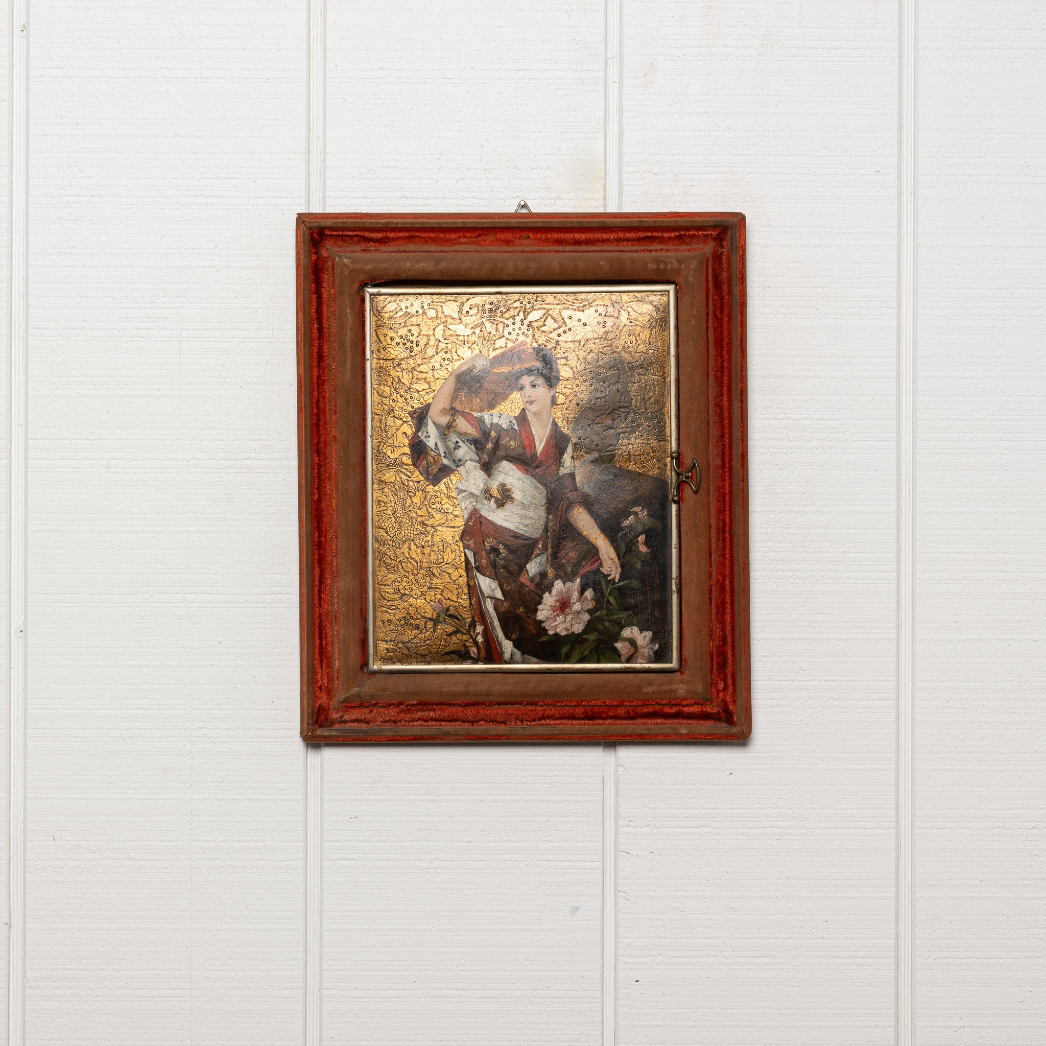 19th century French painted embosed leather velvet framed trifold mirror