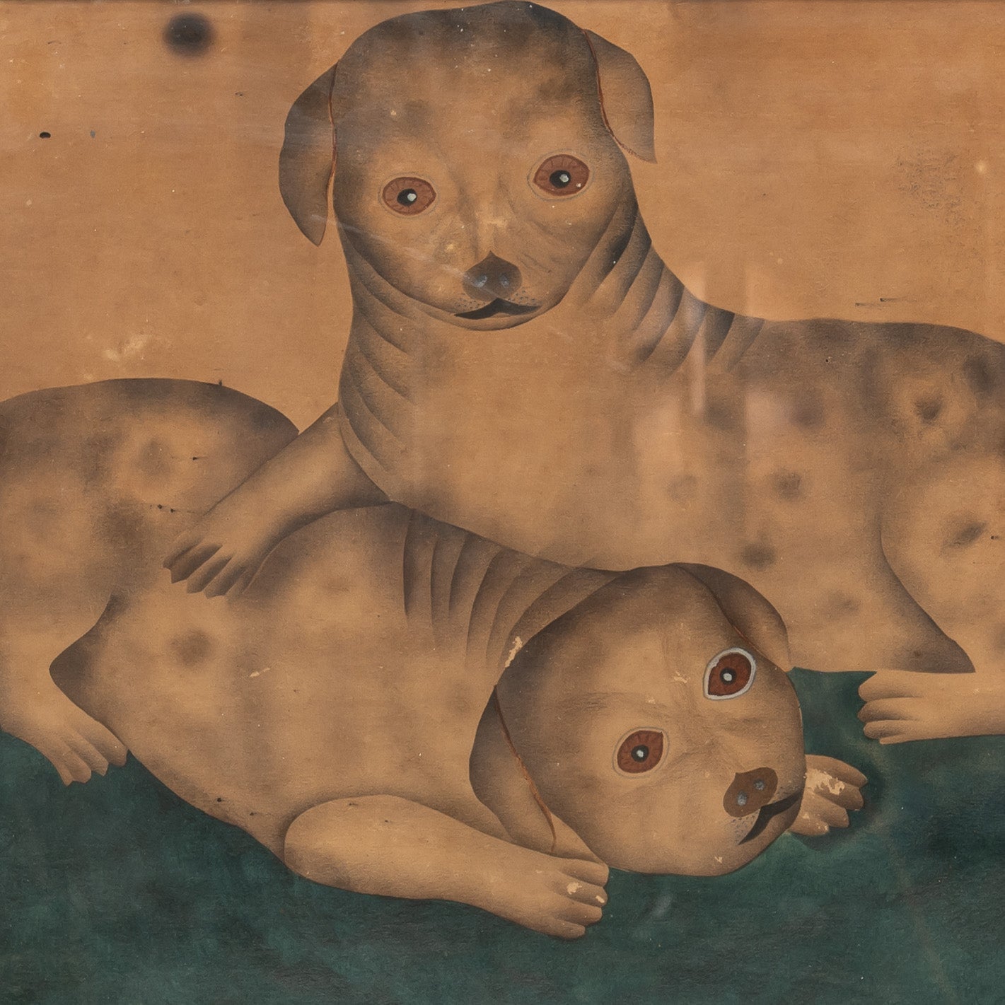 19th century American folk art watercolor painting of puppies in orignal periord frame