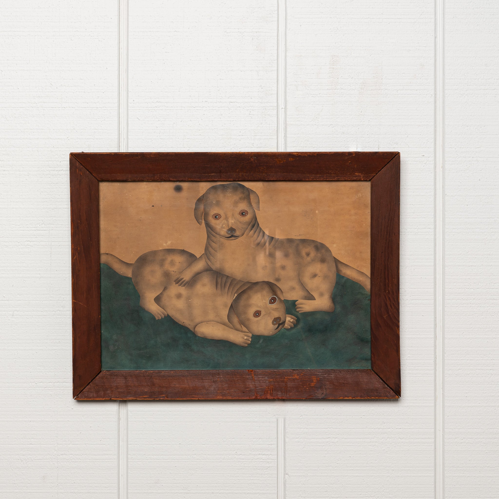 19th century American folk art watercolor painting of puppies in orignal periord frame