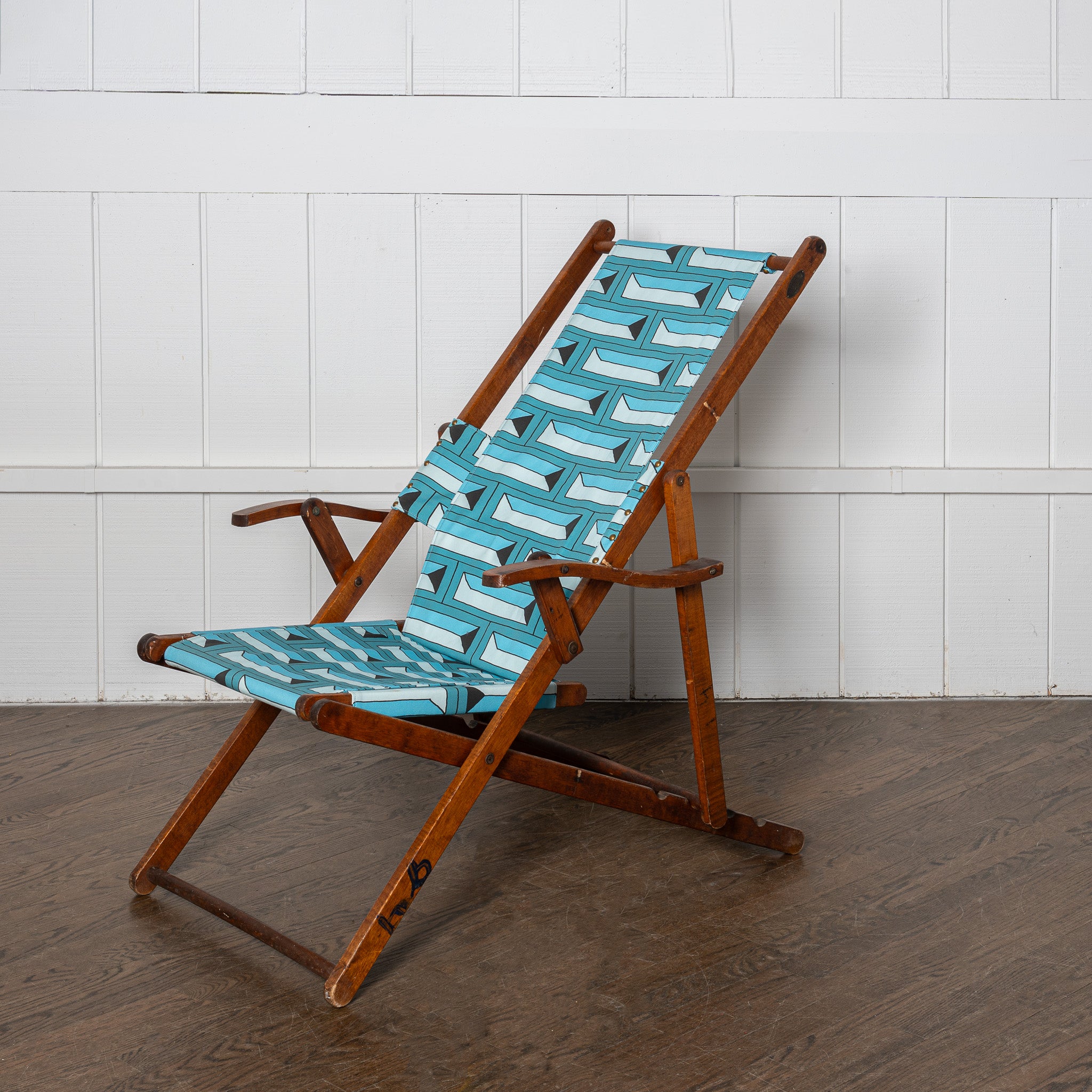 19th centruy deck chair retailed by Barney's New York, newly upholstered in DNR x Saved Bricks fabric