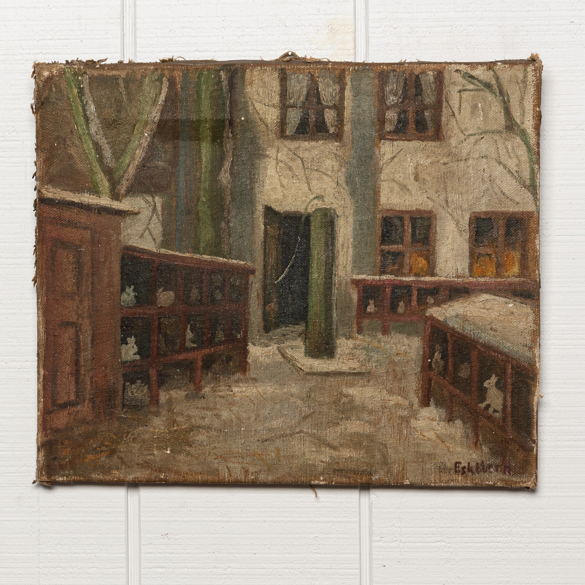 19th century French oil on canvas of rabit hutches