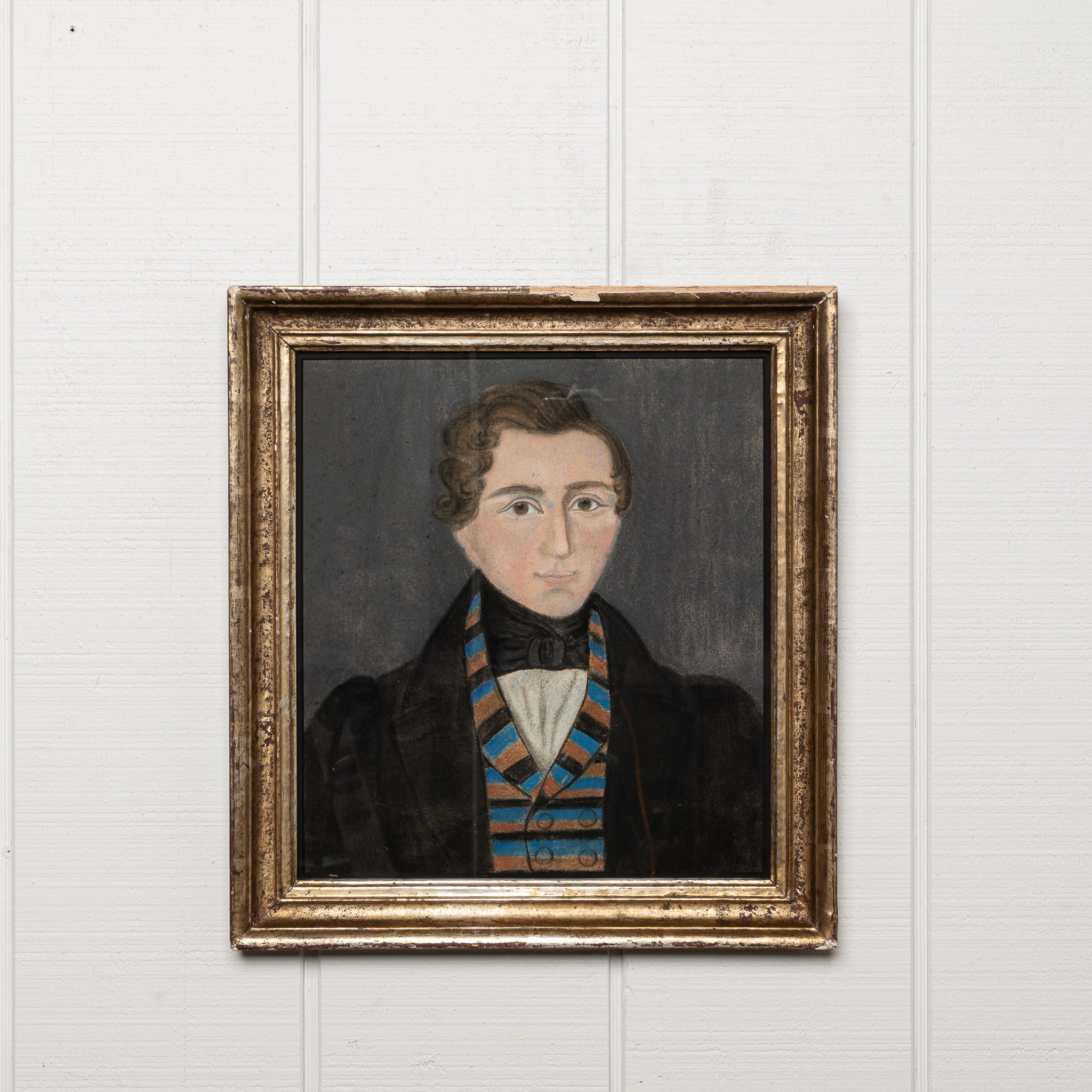 19th century German Beidermyer pastel portrait in orignal silver leaf frame 