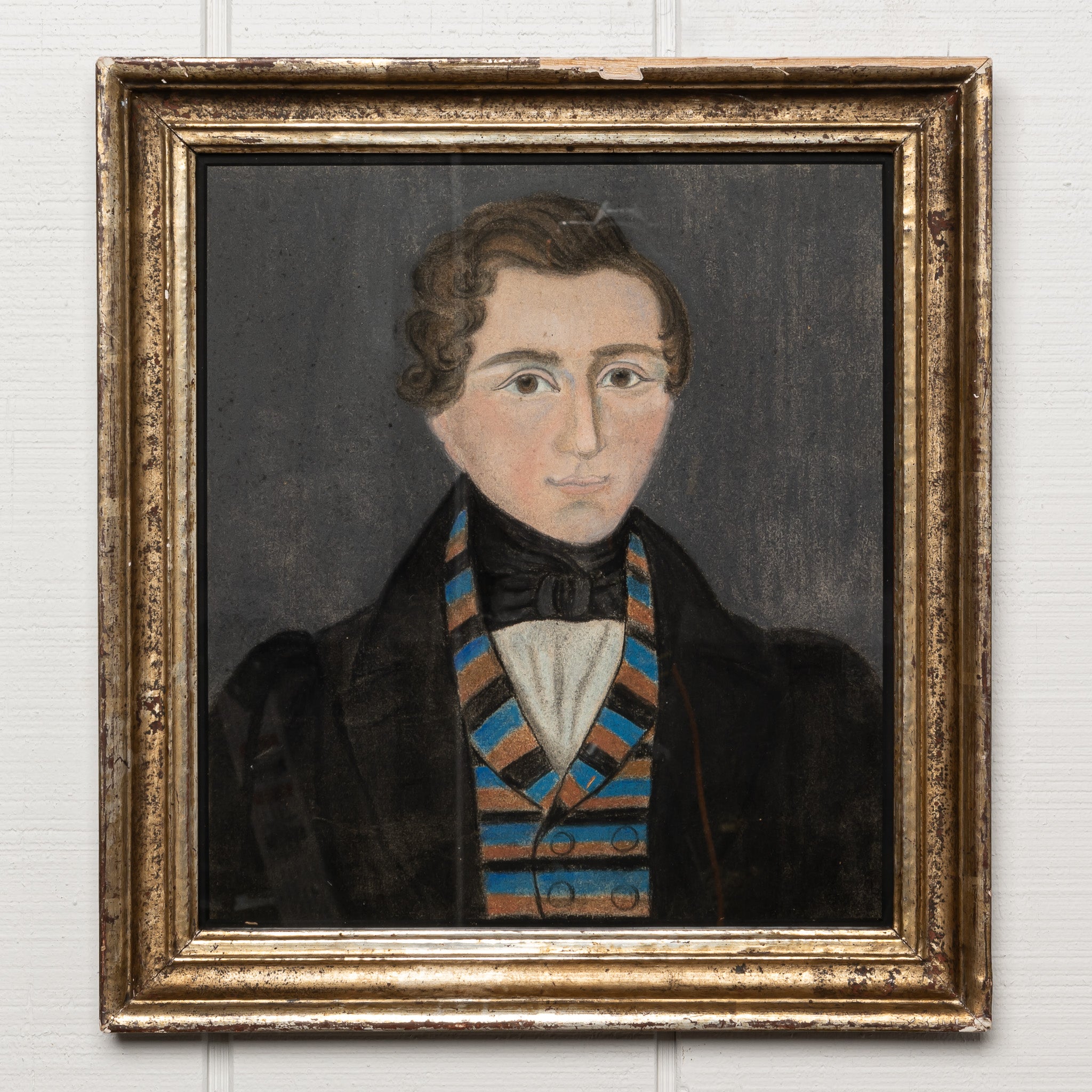 19th century German Beidermyer pastel portrait in orignal silver leaf frame