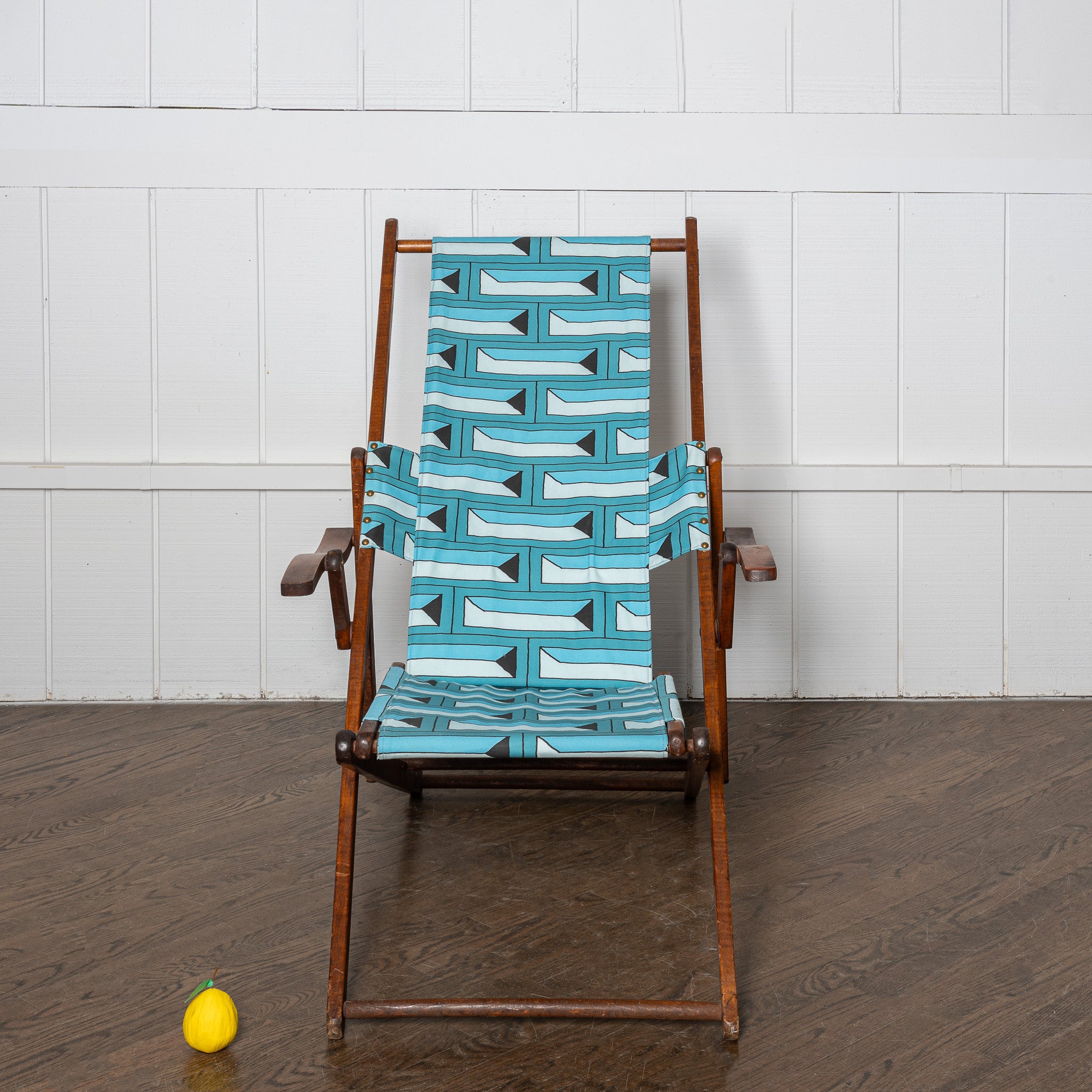 19th centruy deck chair retailed by Barney's New York, newly upholstered in DNR x Saved Bricks fabric