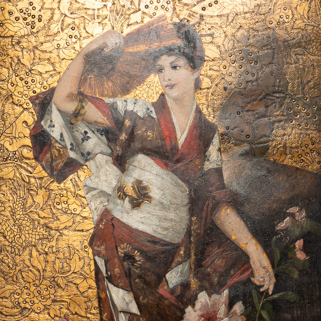 19th century French painted embosed leather velvet framed trifold mirror