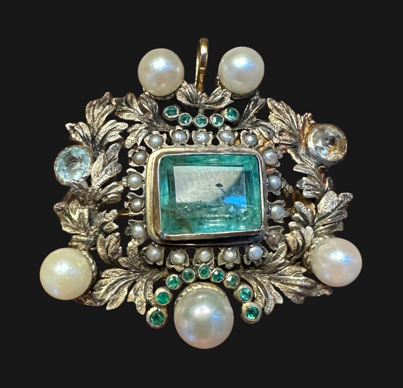 19th-century Austro-Hungarian emerald topaz and pearl brooch pendant, bail raised