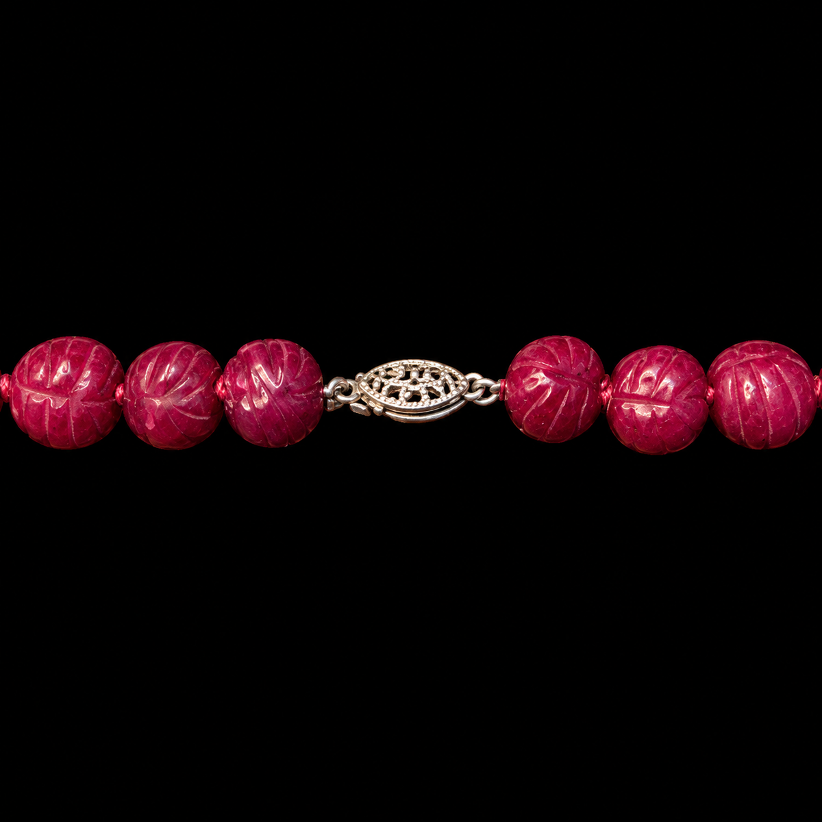 MUGHAL INSPIRED CARVED RUBY COLORED STONE NECKLACE, CLASP VIEW ON BLACK