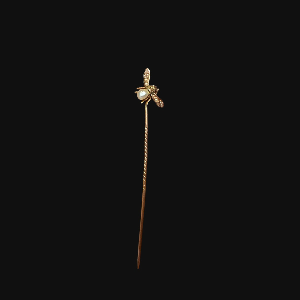 19th century English 14k gold seed pearl bee stick pin on black