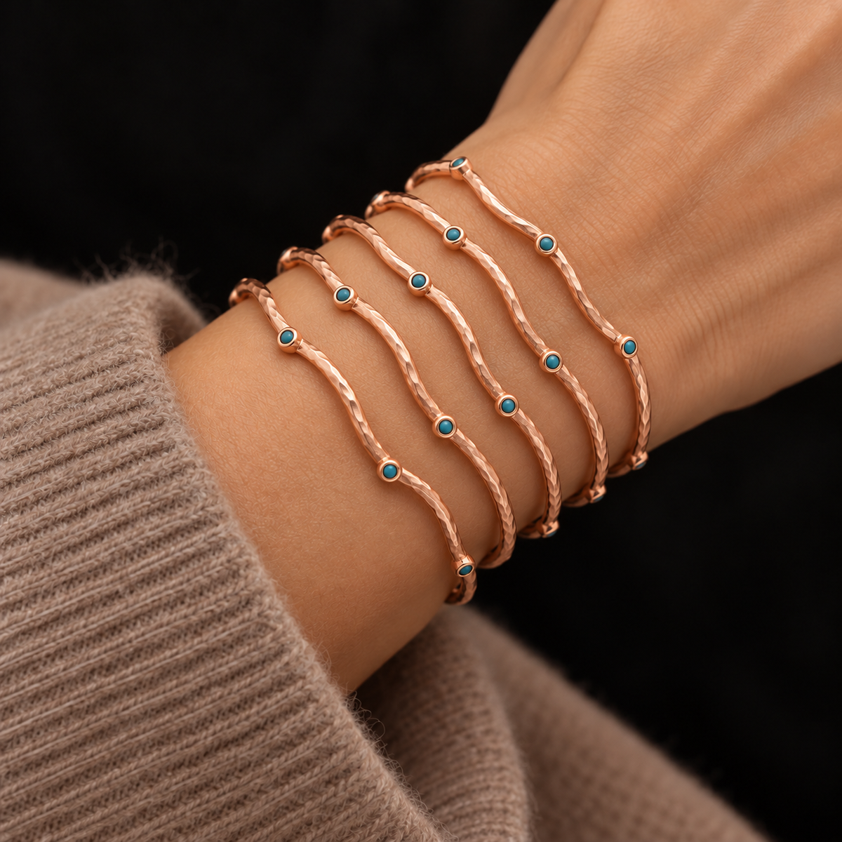 FIVE ROSE GOLD VERMEIL BLUE PASTE BANGLES ON MODEL, AI STYLING ILLUSTRATION