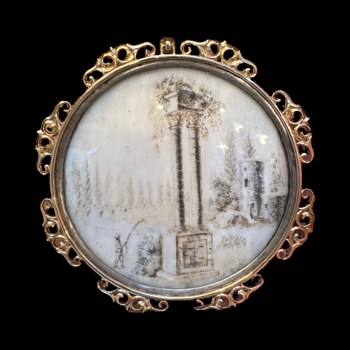 18TH CENTURY FRENCH SEPIA HAIRWORK MEMORIAL PAINTING PENDANT IN SILVER, HORN & 14 KARAT GOLD — detail view