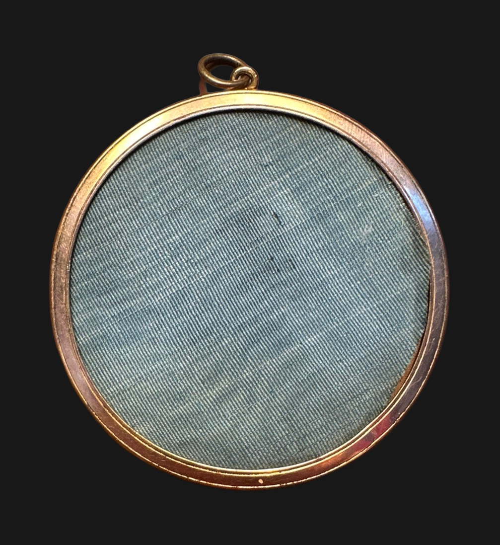French miniature painting pendant with antique fabric reverse