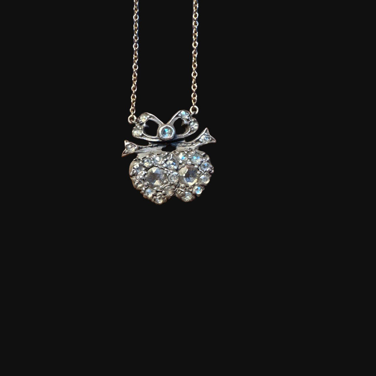 English Georgian diamond double heart necklace in 14 karat gold and silver — front view