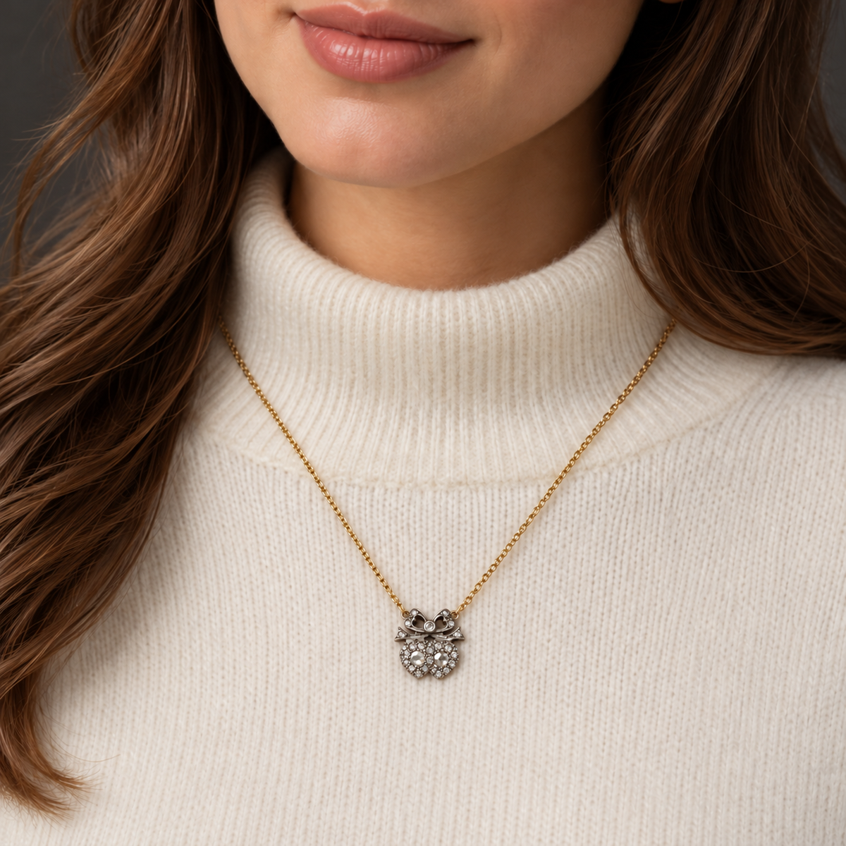 AI styling illustration of the petite double heart pendant worn over cashmere; approximately ¾ by ½ inch, scale illustrative