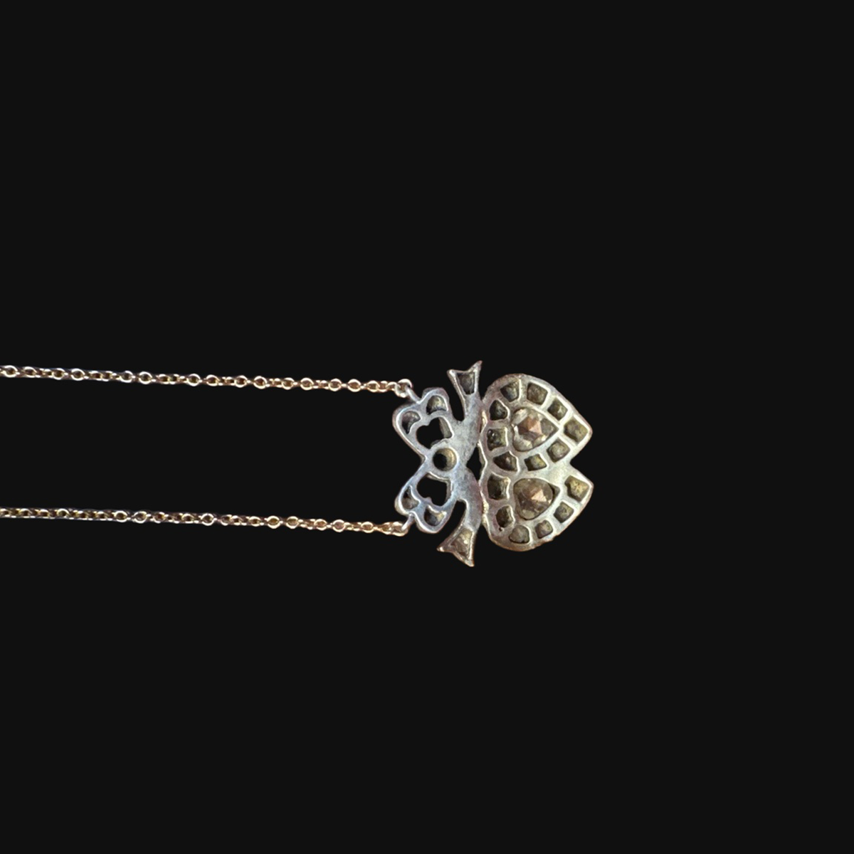 English Georgian diamond double heart necklace in 14 karat gold and silver — reverse view