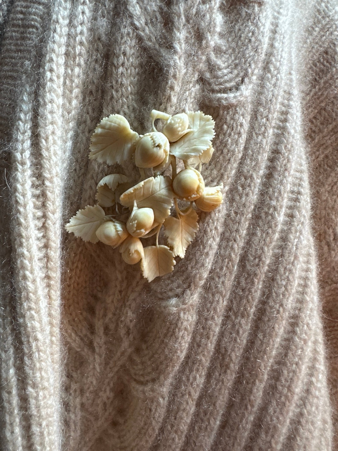 Actual carved bone hazelnut brooch worn on cashmere