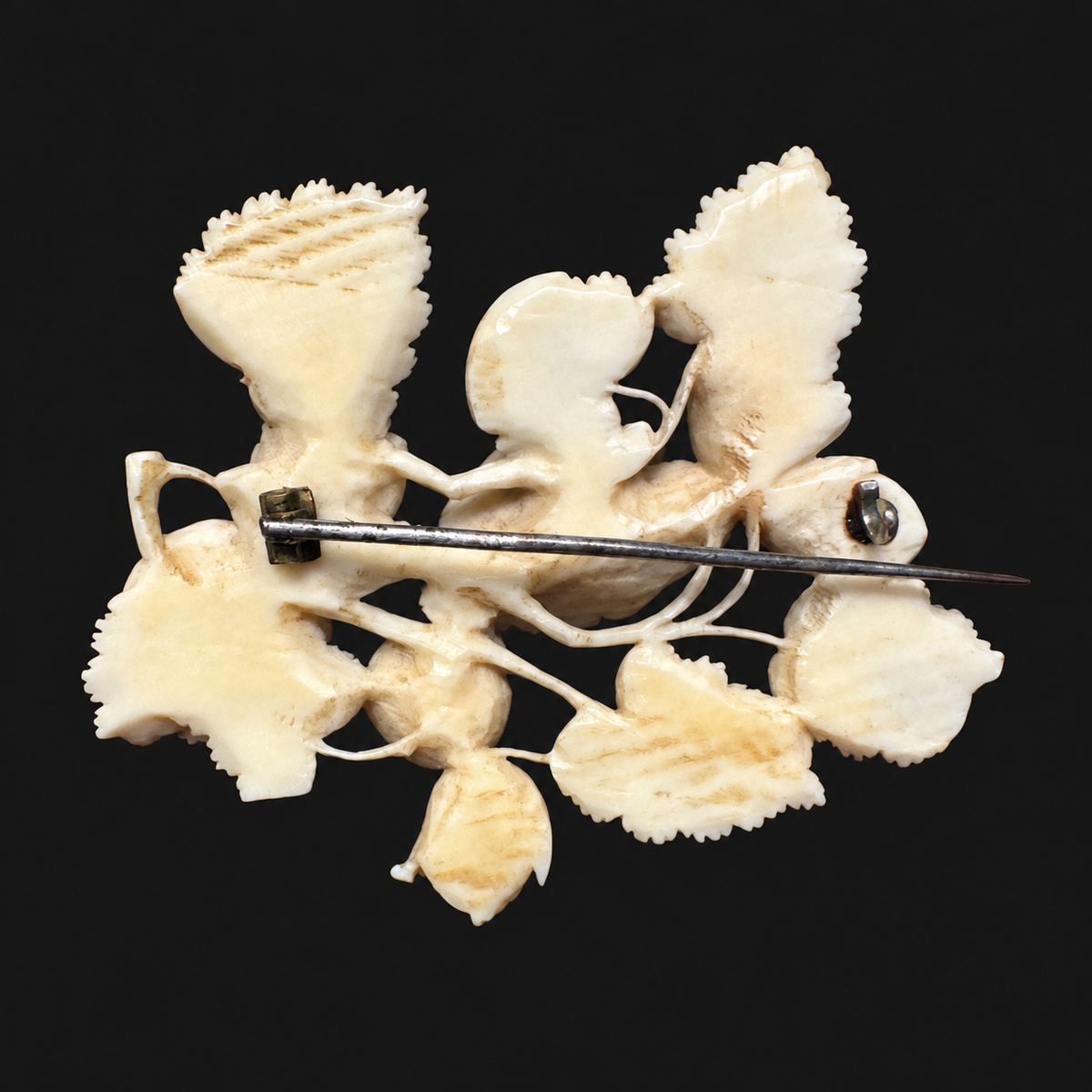 Reverse of carved bone hazelnut brooch showing pin