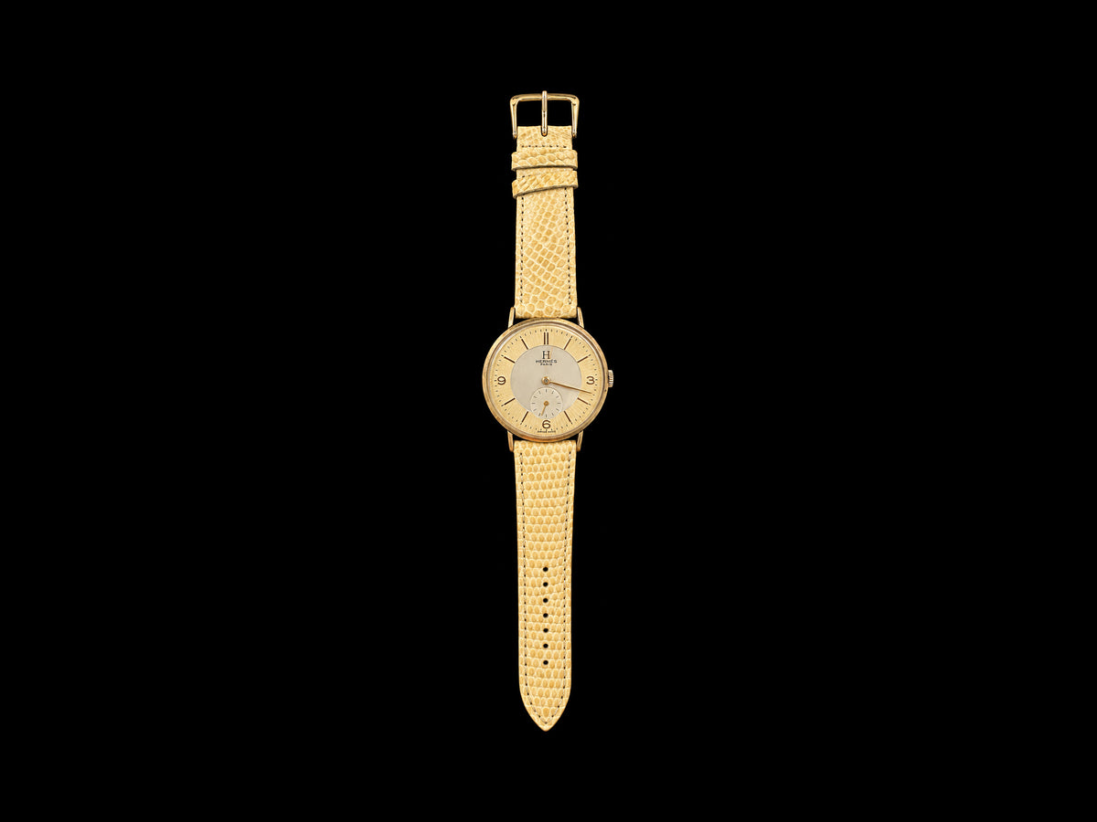 VINTAGE WATCH WITH HERMÈS SIGNED TWO TONE DIAL AND LIZARD STRAP — front view