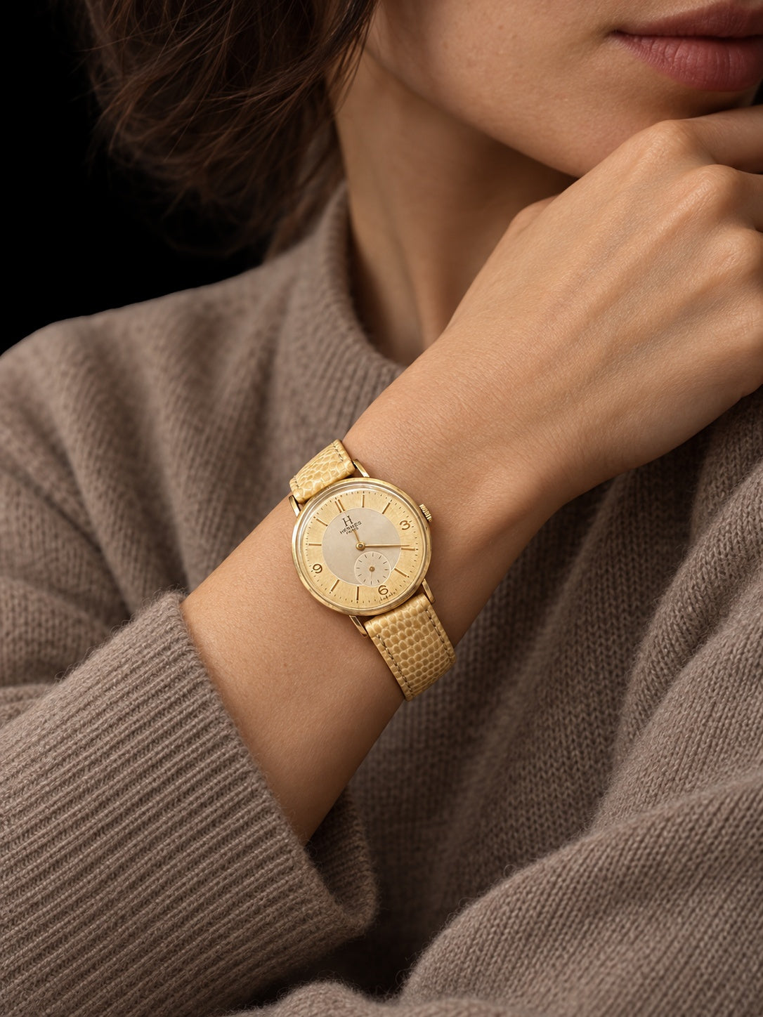 VINTAGE WATCH WITH HERMÈS SIGNED TWO TONE DIAL AND LIZARD STRAP — worn view